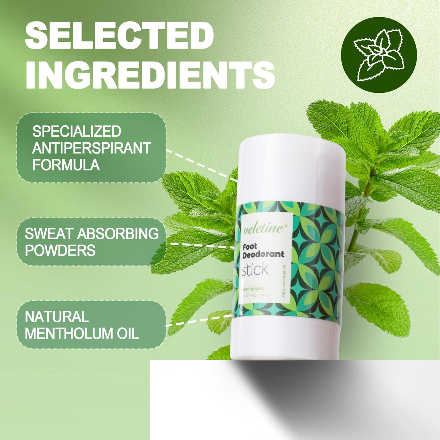 Veletine Foot Deodorant Stick,Refreshing Feet Odor Stick,Travel Size Heel Cream,Roll-On Foot Lotion for Men＆Women, 40G/1.41 Oz image number 1