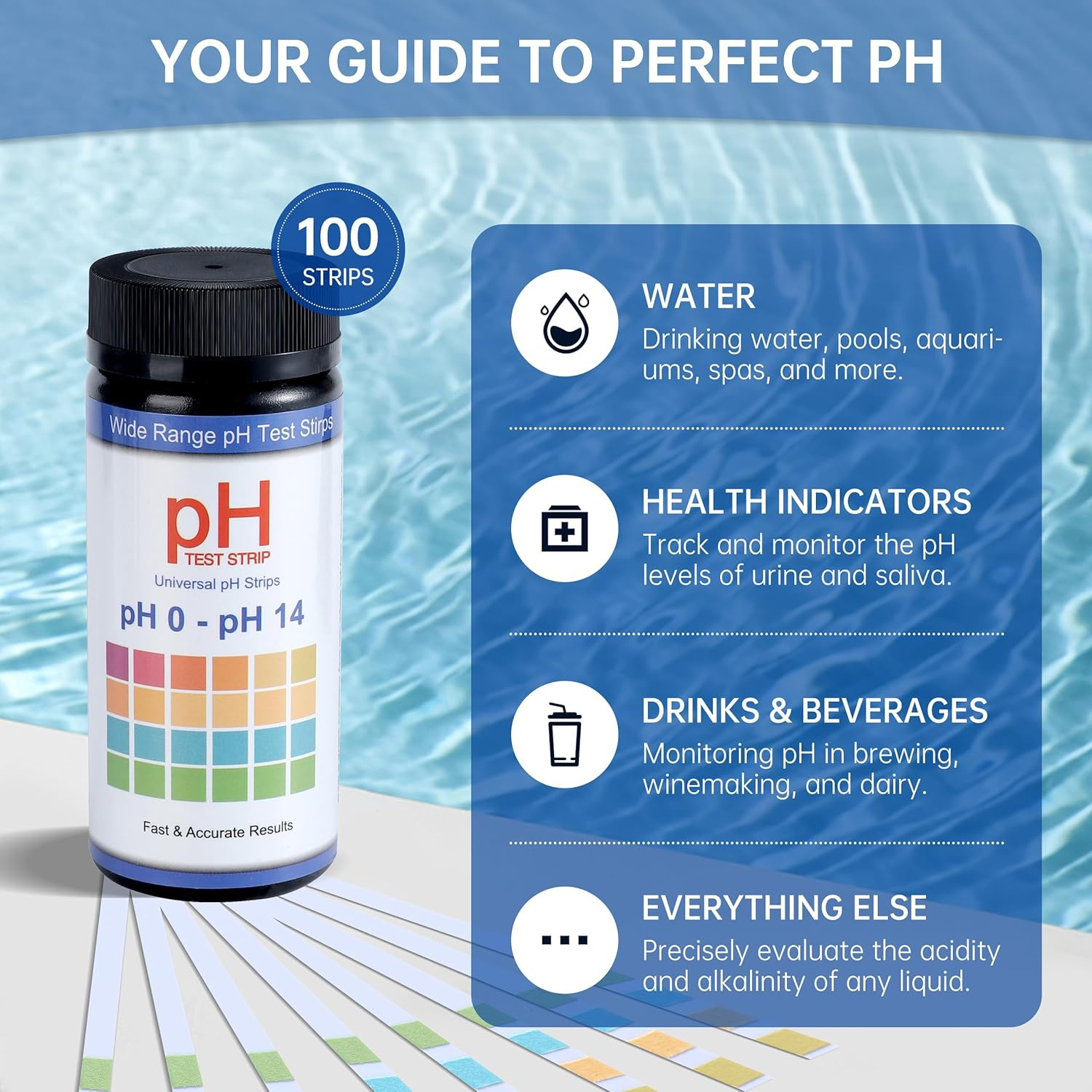 PH Test Strips 0-14, 100 Strips Universal Litmus Papers for Urine, Saliva, Water, Food - Accurate Results in Seconds, Alkaline & Acid Levels Testing image number 3