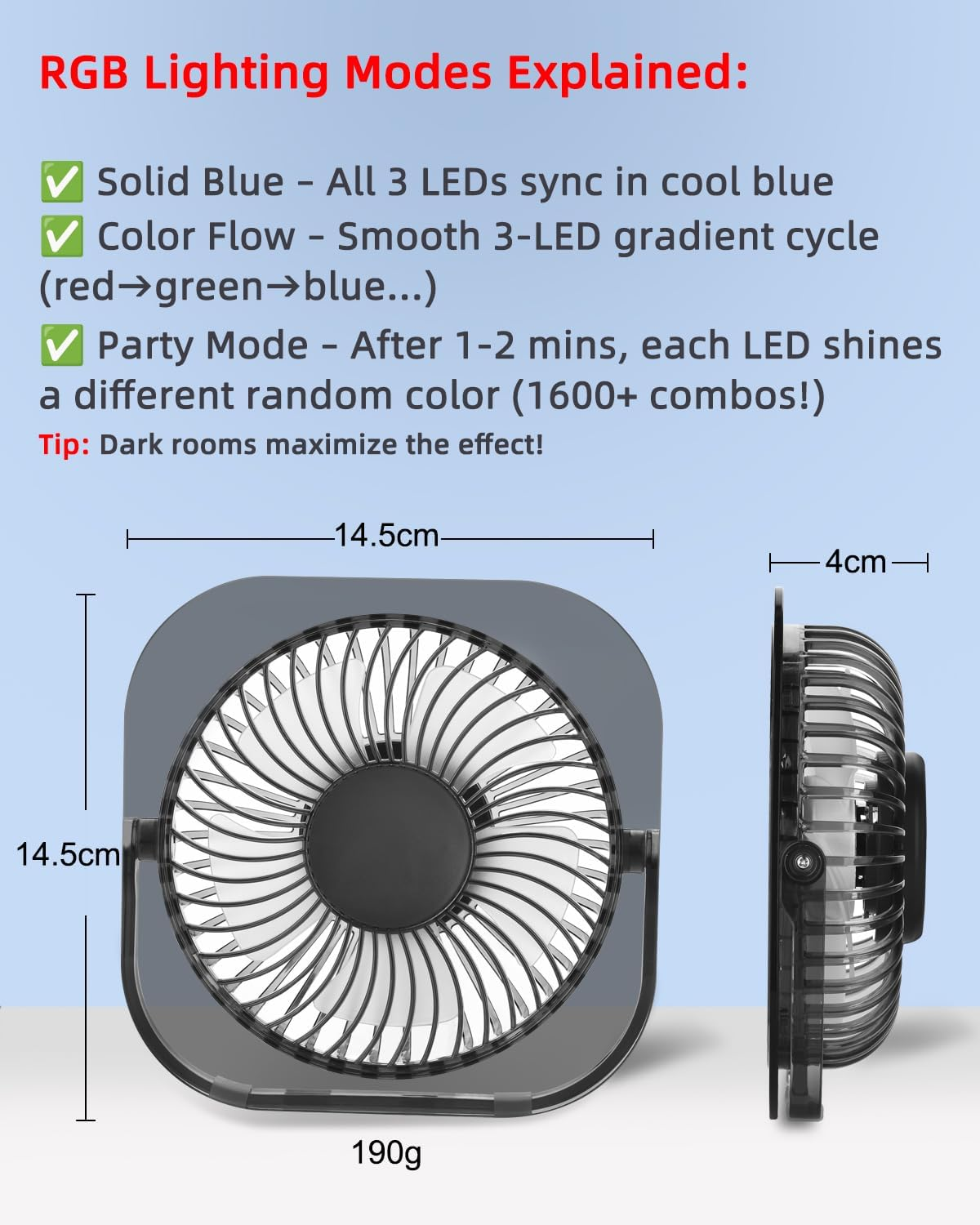 GOBRILLFUN Desk Fan with 3 Speeds, 180&deg; Rotation & Anti-Slip Base &ndash; Usb-Powered RGB Gaming Quiet Cooling Fan for Home, Office, Gaming &ndash; 20,000 Hr Durable Brushless Motor (Transparent Grey) image number 1