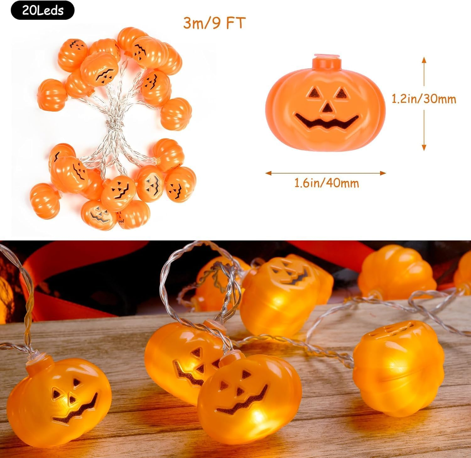 Halloween Pumpkin Lights 3M 20 LED Pumpkin Lights Halloween Indoor Outdoor Decorative Pumpkins Bright String for Bedroom, Garden, Autumn Party Decorations Thanksgiving image number 5
