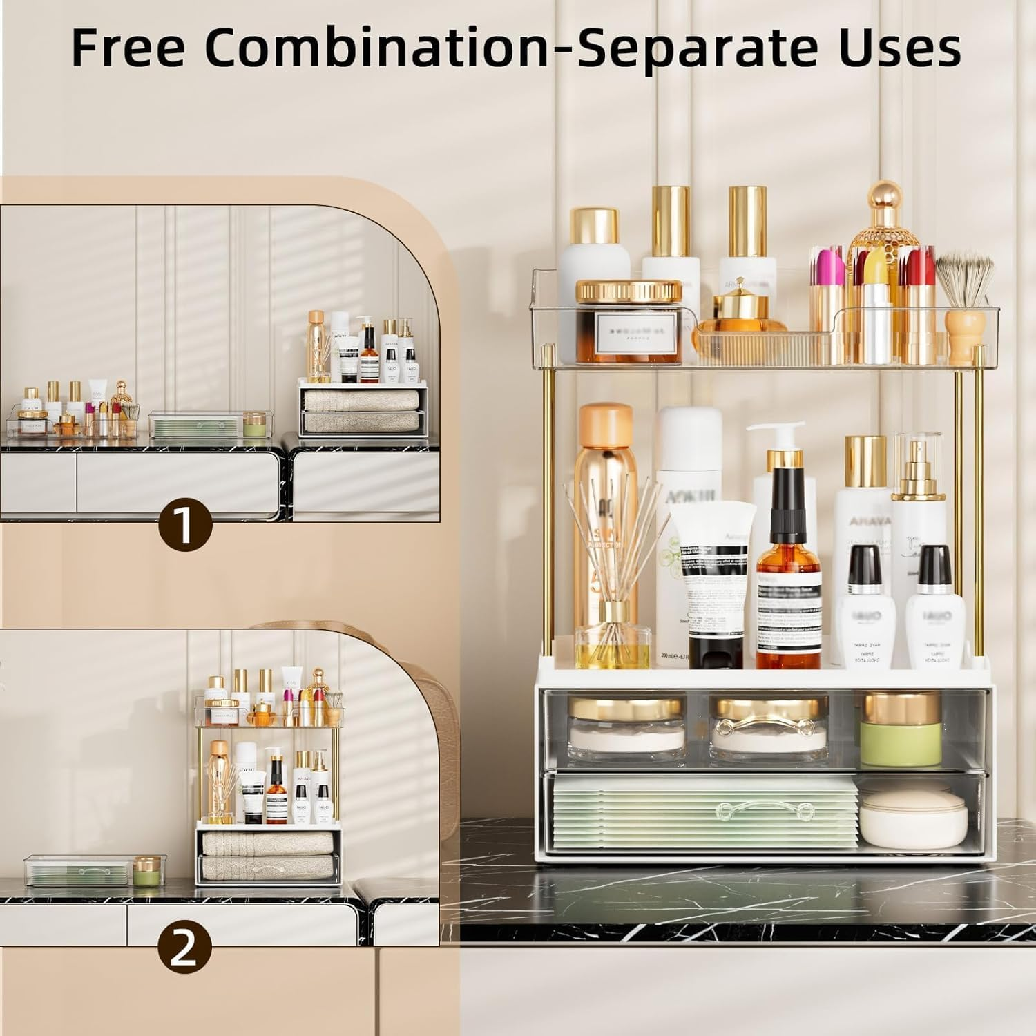 Bathroom Counter Organizer, 4 Tier 2 Drawer Makeup Countertop, Versatile Perfume Organizer, Makeup Organiser Storage, Large Skincare Organizers, for Bathroom Storage, Exquisit Vanity Shelves (White) - White image number 6