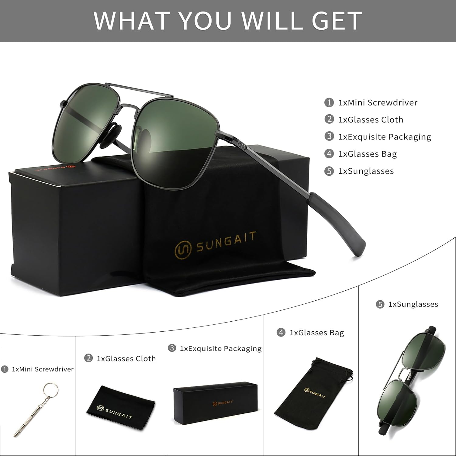 SUNGAIT Men'S Military Style Polarized Pilot Aviator Sunglasses Bayonet Temples