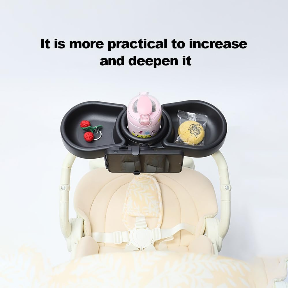 Universal Stroller Snack Tray, Stroller Tray Accessories, Stroller Cup Holder, Adjustable Clamp Design, Spill-Resistant Grip Feature, for City Walks, Car Trips, Park Visits (Black)