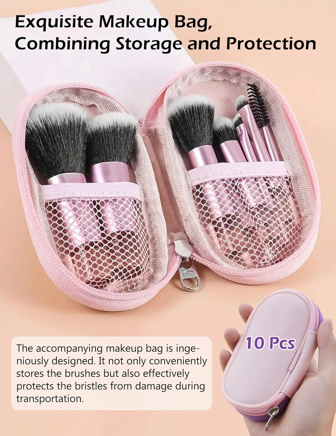 Travel Makeup Brush Set, 10 Pcs Easy-Taken Travel Mini Cosmetic Brushes Kit, Complete Function Makeup Tools for Foundation, Blush, Contour, Eyeshadow, Powder (Pink) - Pink image number 3