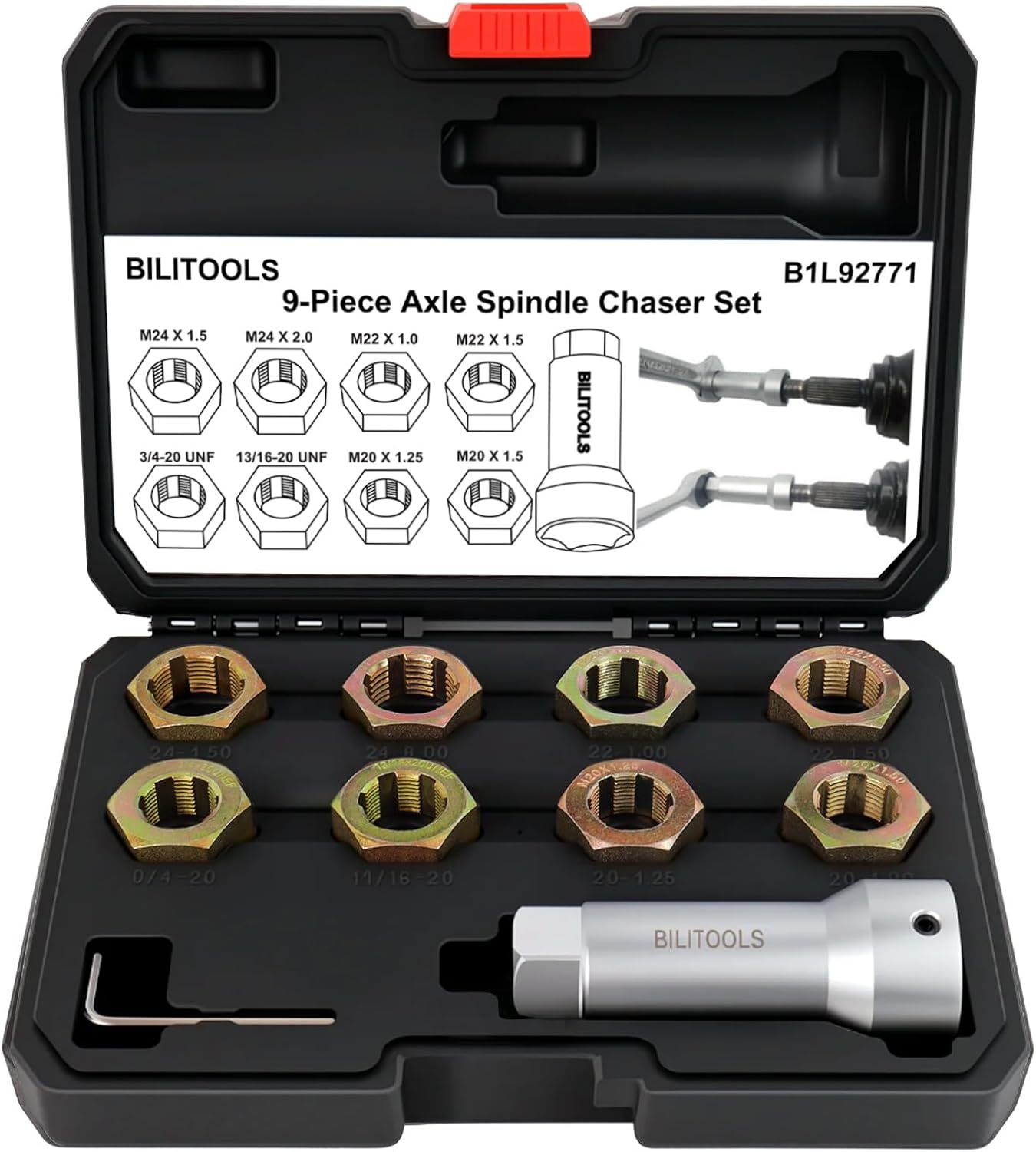 BILITOOLS 10-Piece Axle Spindle Thread Chaser Set, Thread Rethreading Restorer Tool Metric M20 M22 M24 & UNF 13/16&rdquo;3/4&rdquo; image number 4