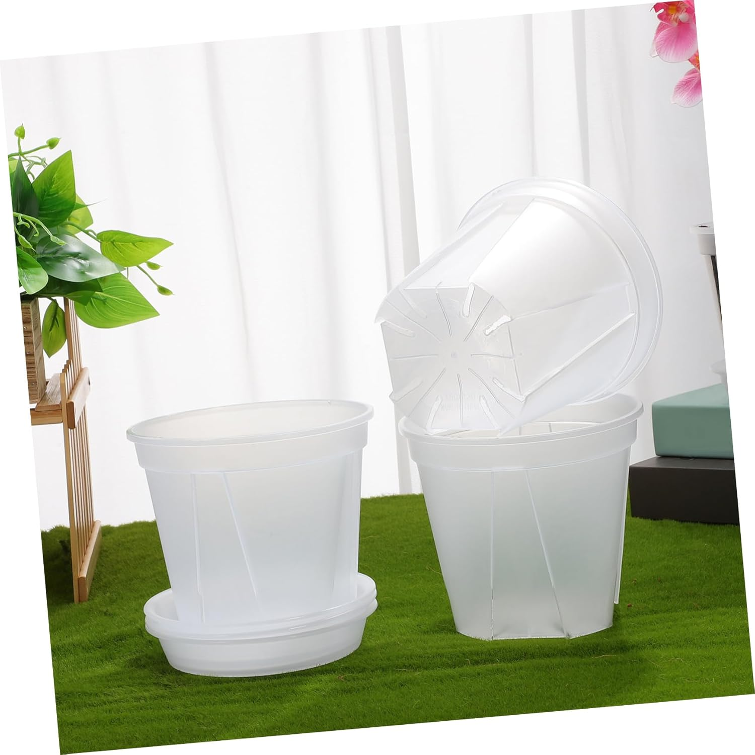 PHENOFICE 4Pcs Breathable Orchid Flower Pots with Drainage Trays 0.3 Gallon Plastic Nursery Planters for Indoor and Outdoor Plants Gardening image number 1
