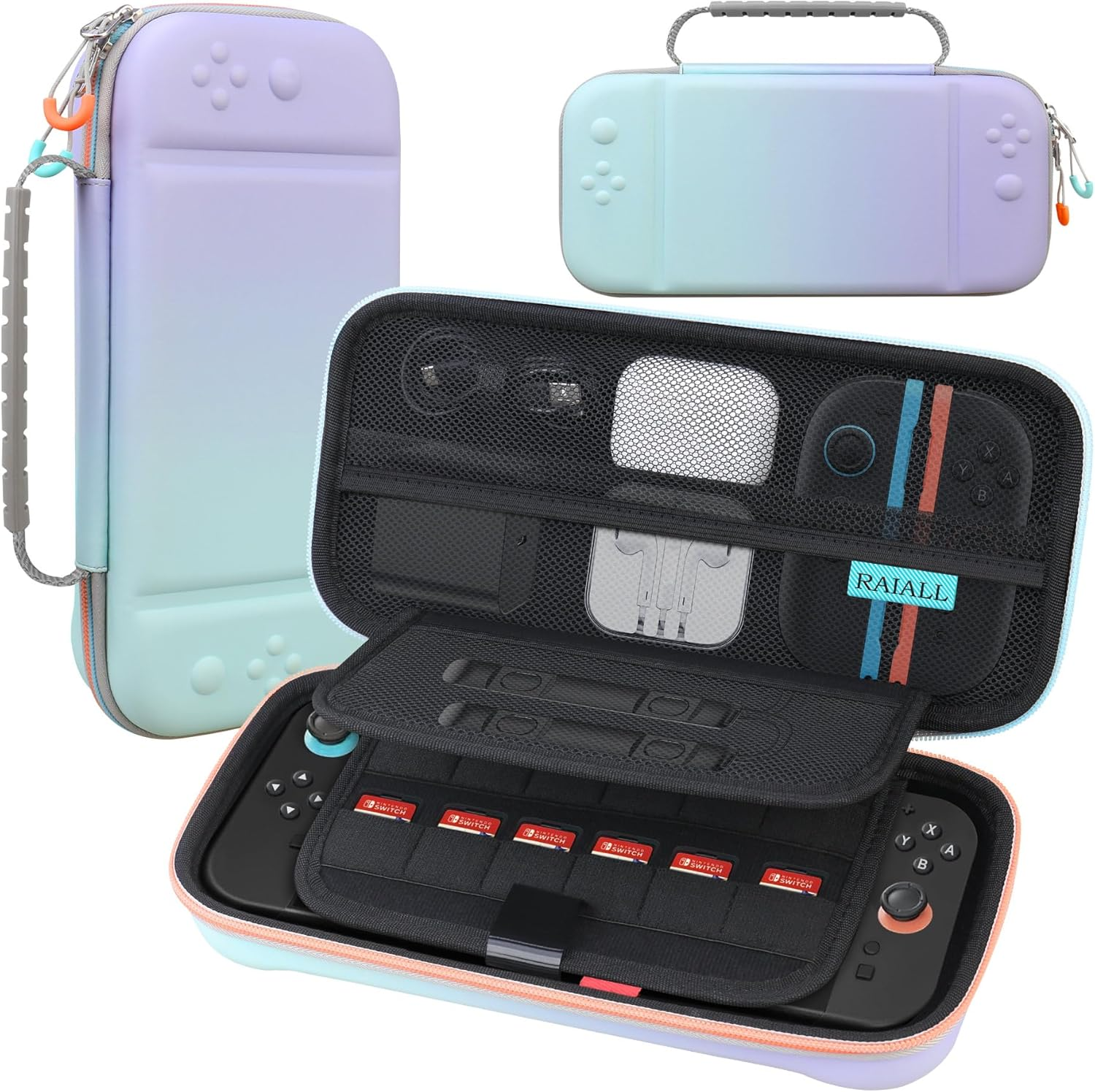 RAIALL Carrying Case for Nintendo Switch 2 (2025), Large Capacity Protective Hard Shell Portable Travel Case Pouch, with 24 Game Card Slots and Pockets for Console &Accessories, Purple-Blue-Gradient