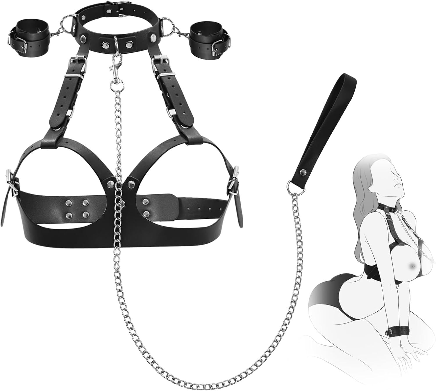 Bondage Sex Breast Restraints Set Sex Toy for Couples Adult Sex Toys with Dual-Layer PU Leather Harness Collars with Traction Chain Handcuffs Bondage Gear Accessories