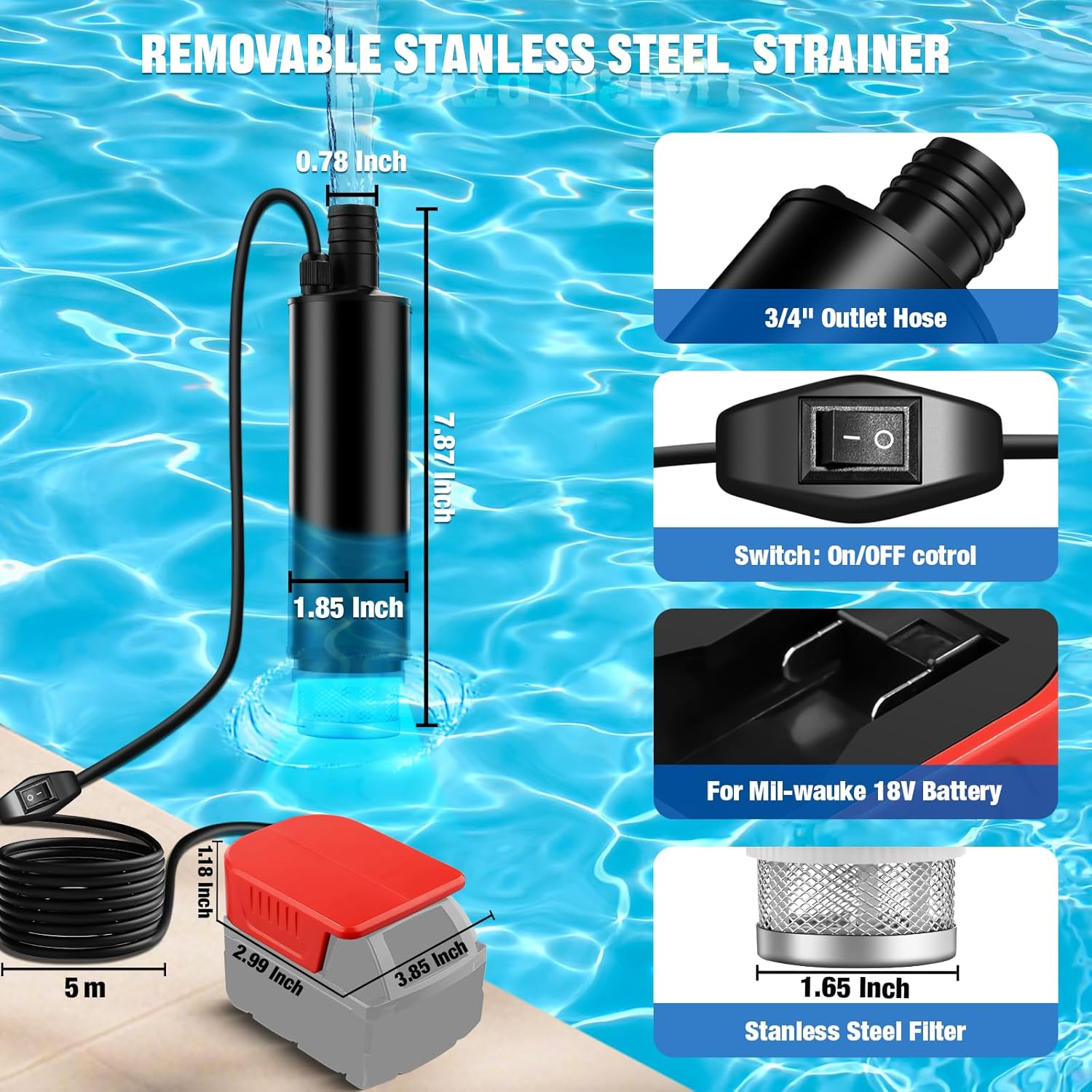 Cordless Submersible Water Pump Compatible with Milwaukee M18 18V Li-Ion Battery, 500GPH Portable Transfer Sump Pump for Camping Tub Garden RV Pond Draining Job Sites(No Battery) image number 5