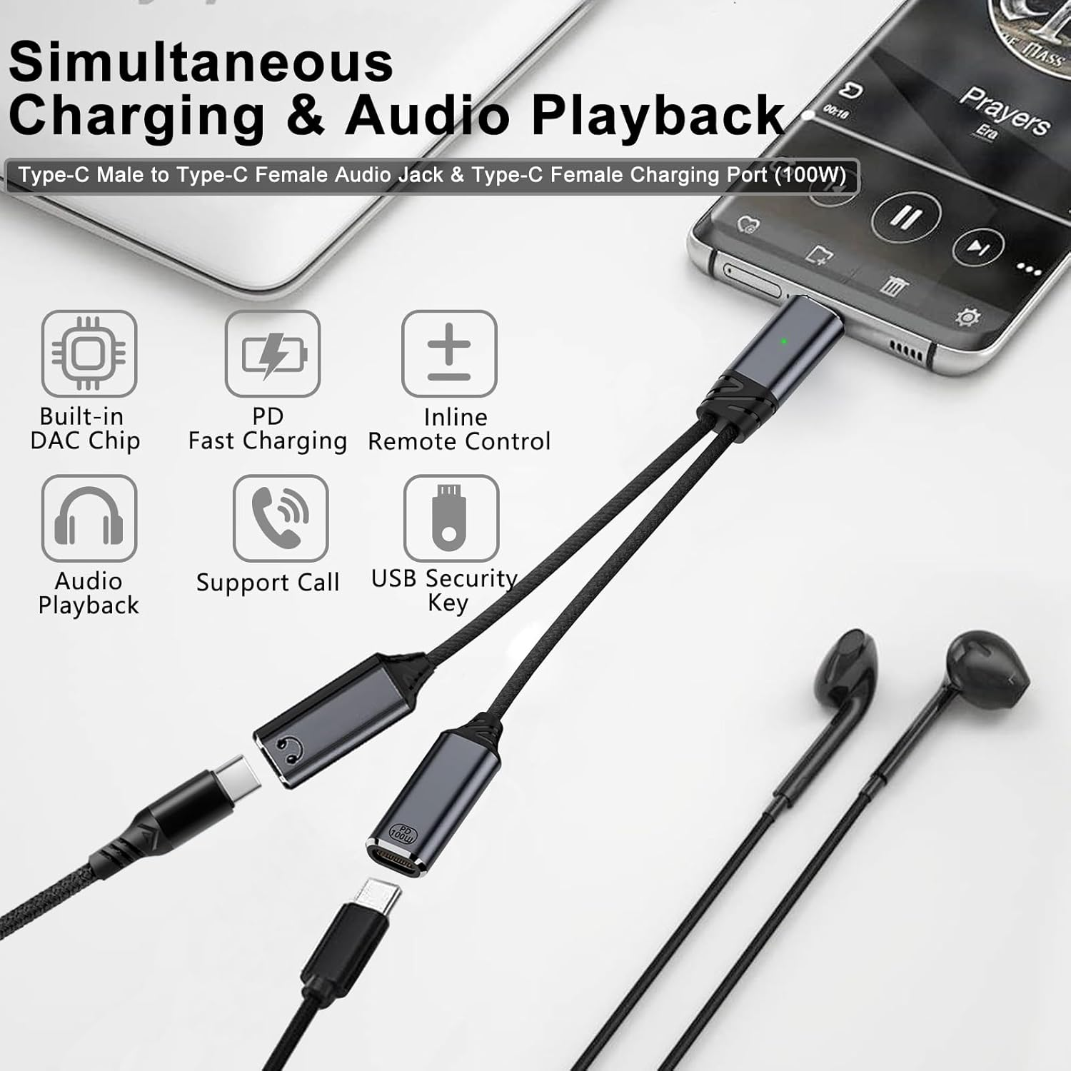 USB C Splitter 1 in 2 Out Dual USB C Headphone and Charger Audio Headphone Adapter Type C 100W PD Fast Charging Splitter Cable Dongle Hi-Fi Sound Compatible with Iphone 15 16 17 Pro Max Ipad Android image number 1