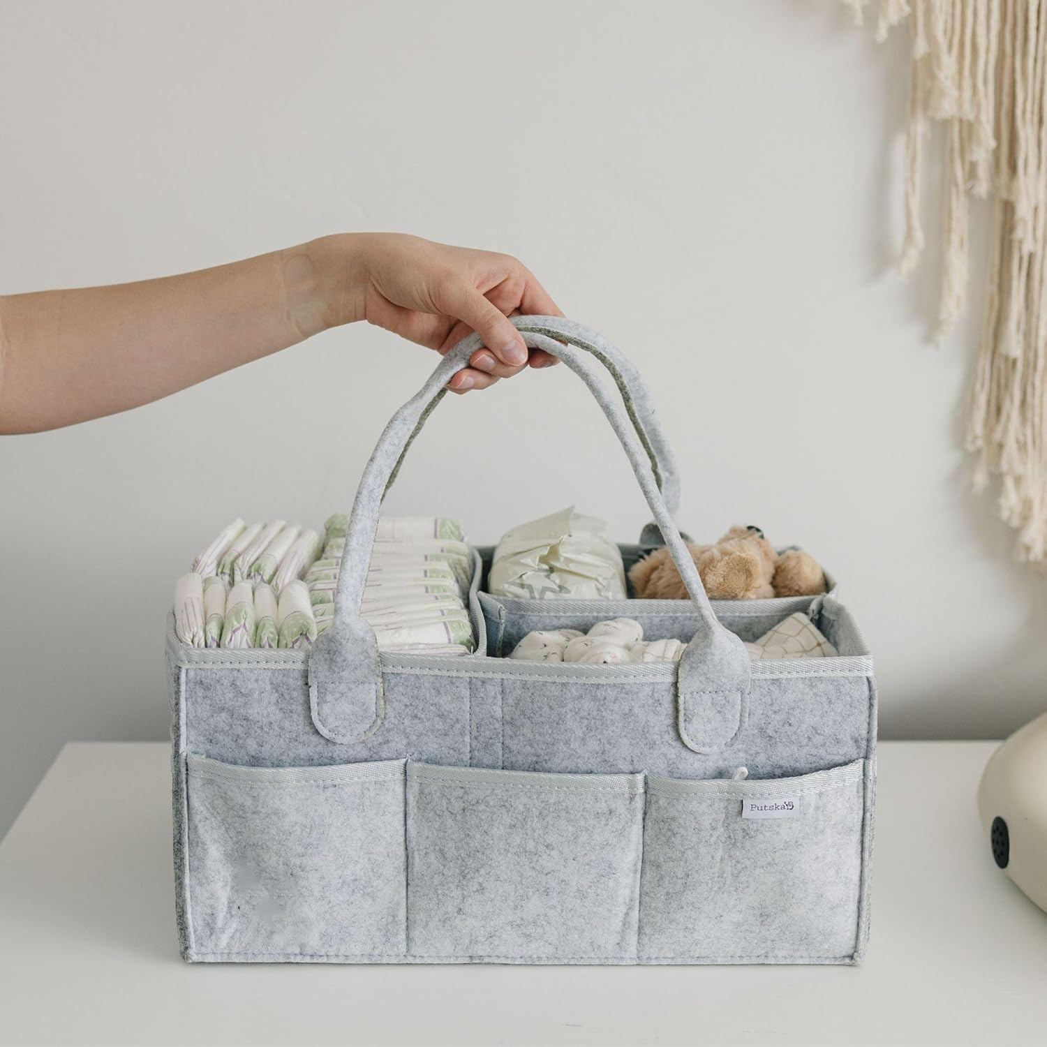 PUTSKA Baby Diaper Caddy Organizer - Nursery Storage Basket for Diaper Station, Baby Basket Shower Gift List and Registry Must-Have, Newborn Essentials, Nursery Decor for Boy or Girl - Grey, Large image number 1