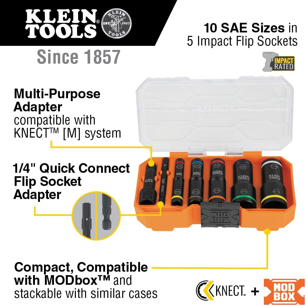 Klein Tools A-65618 KNECT Flip-10 SAE Impact Socket Set, Deep Sockets with 5 Color-Coded Flip Sockets, 10 SAE Socket Sizes, 1/4 and 3/8-Inch Adapters and Modbox Case image number 6