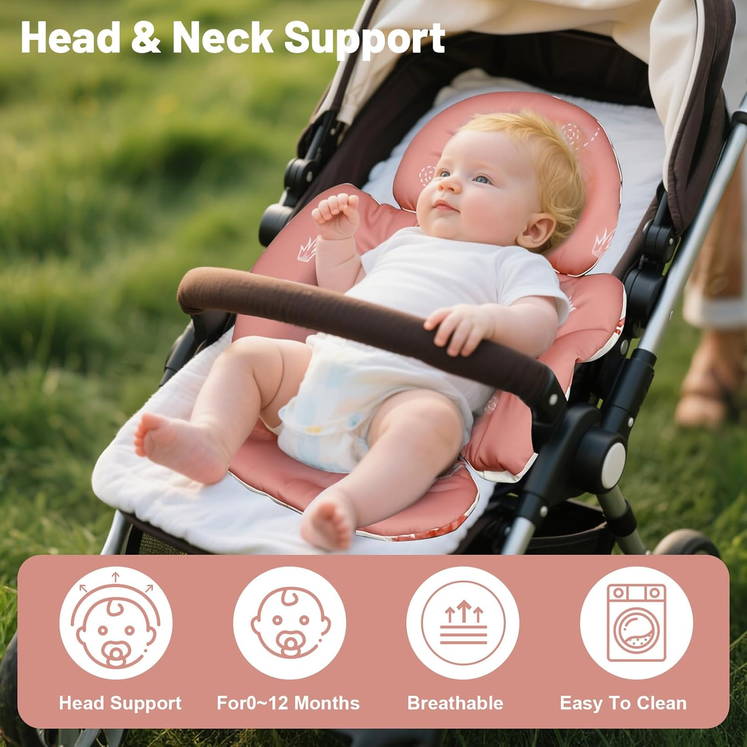 KAKIBLIN Infant Car Seat Insert, Baby Car Seat Cushion, Car Seat Head Support for Infant,Breathable Reversible Carseat Insert Support for Newborn Stroller, Baby Swing, Bassinets, Pushchair (Pink) - Grey image number 6