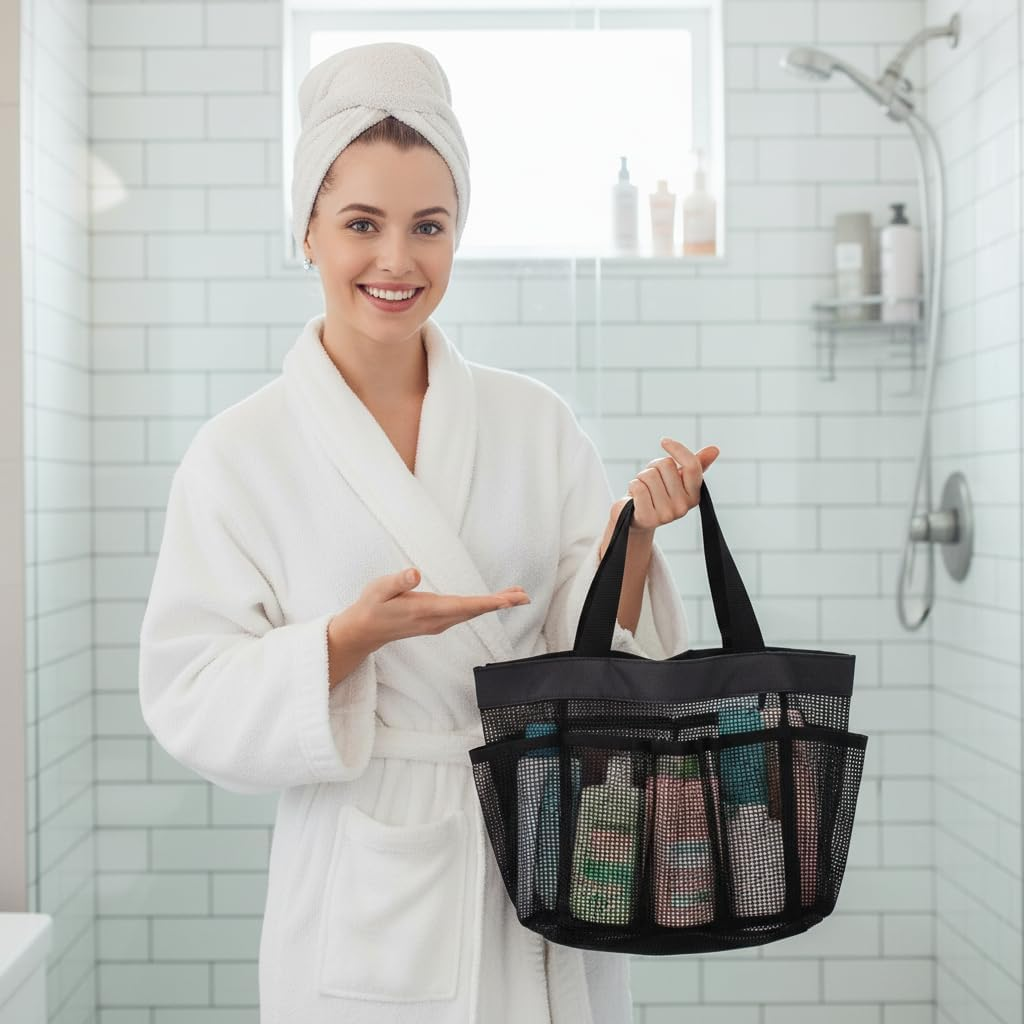 Portable Mesh Shower Bag, Shower Caddy Portable with 8 Pockets, Quick Dry Bathroom Tote with Durable Oxford Handle, Toiletry Storage for Gym, Beach, Travel, SZTTY image number 3