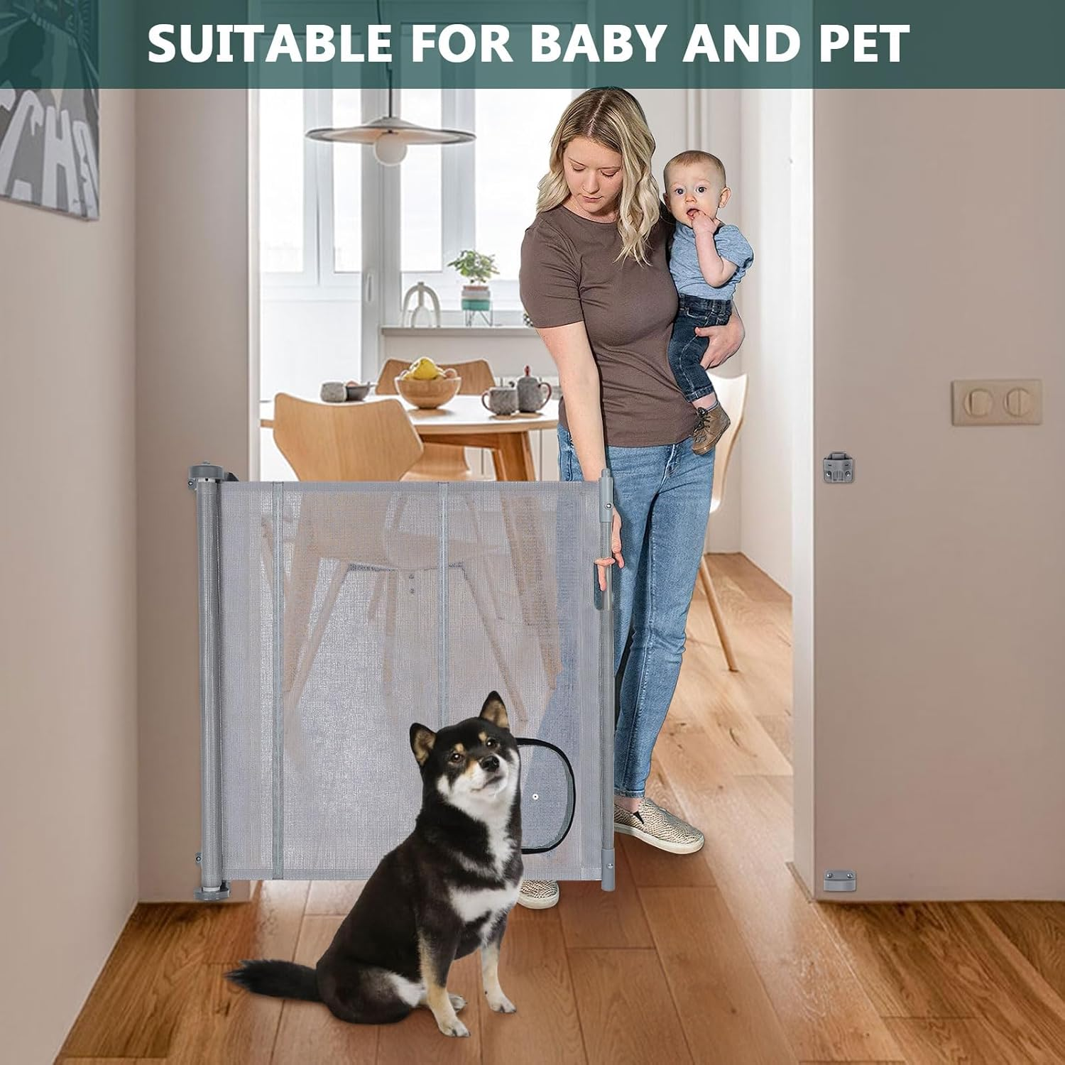 Ownpets Retractable Dog Gate with Cat Door 71 Inch Extra Wide Pet Gate, Retractable Gate for Cat/Puppy Dogs/Small Pet, Mesh Dog Gate for Stairs Doorways Hallways Indoor,Outdoor,Grey image number 5