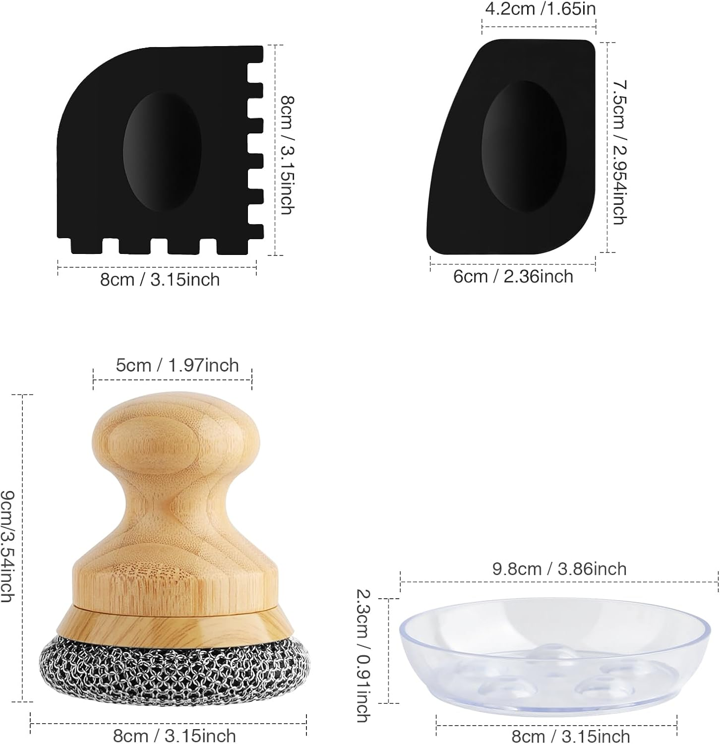 Beeptrum Cast Iron Scrubber and Scraper,Chain Mail Cleaner with Bamboo Handle & Draining Tray,316 Stainless Steel Brush for Cleaning Pots,Pans,Wok,Bakeware,Griddles, Grills,Dishes (Small Chain Mail) image number 1