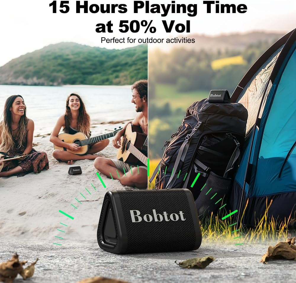 Bobtot Portable Bluetooth Speaker Wireless, IPX7 Small Shower Speaker Waterproof, 15H Playing Time, Loud and Stereo Sound with Bass, TWS Pairing for Party, Camping, Travel, Black image number 6