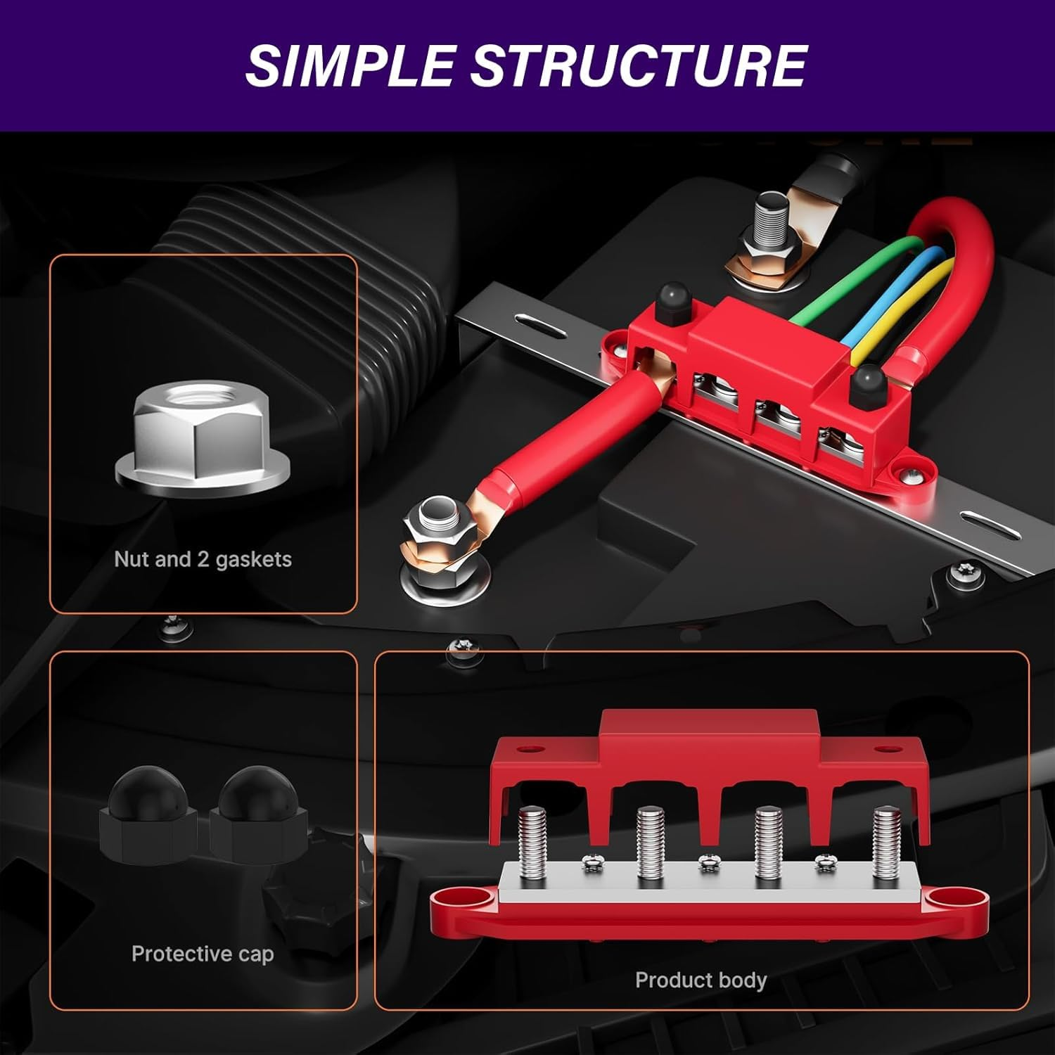 Power Distribution Block Bus Bar 12V 250A with 4 X 5/16" Studs Marine Bus Bar 12 Volt Battery Busbar Terminal Block for Automotive, Car, Boat, Solar Wiring(M8) image number 4
