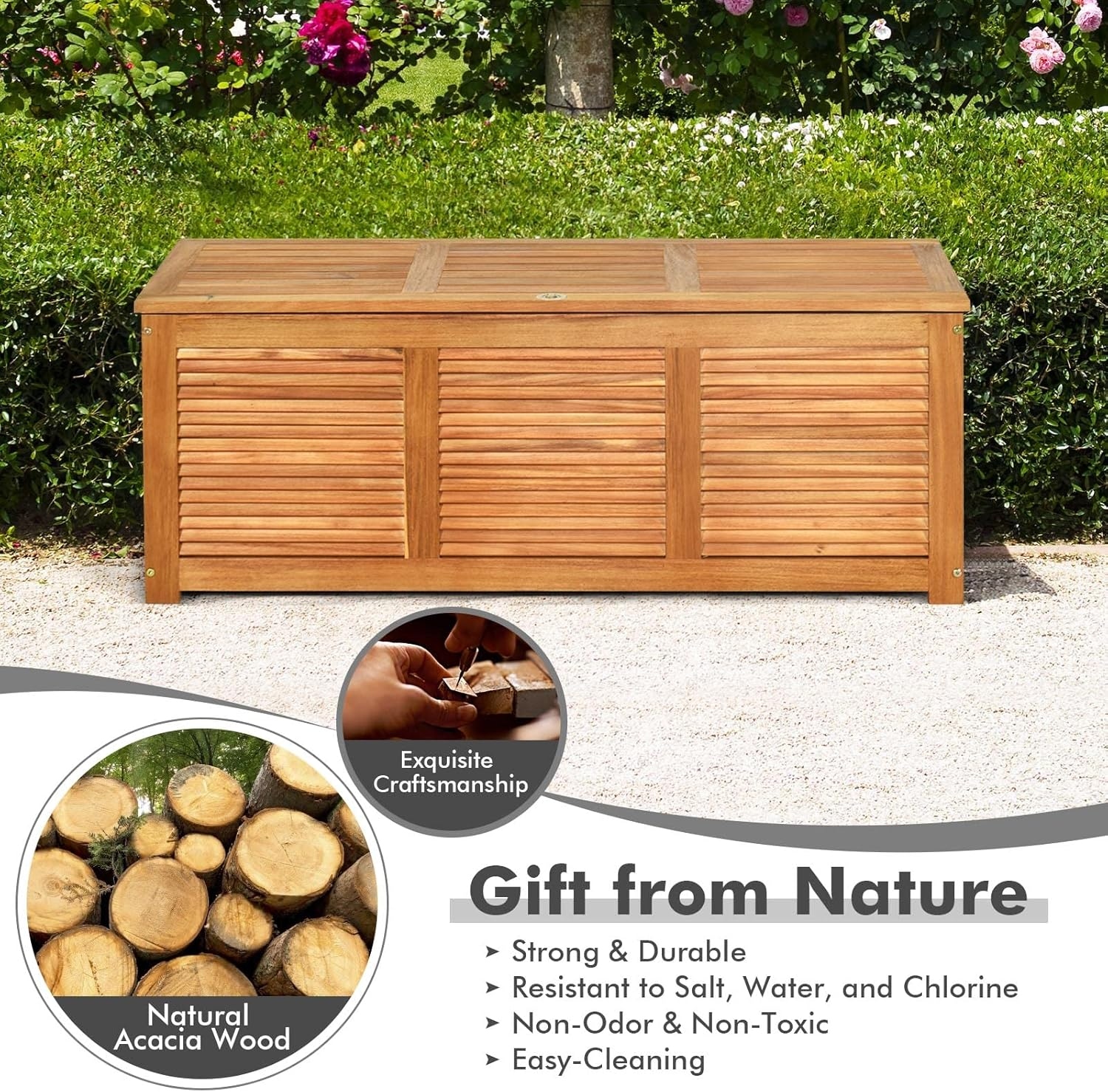 Costway Outdoor Acacia Wood Storage Bench, Garden Backyard Storage Box, Outdoor Storage Container for Patio Furniture Cushions and Gardening Tools image number 1