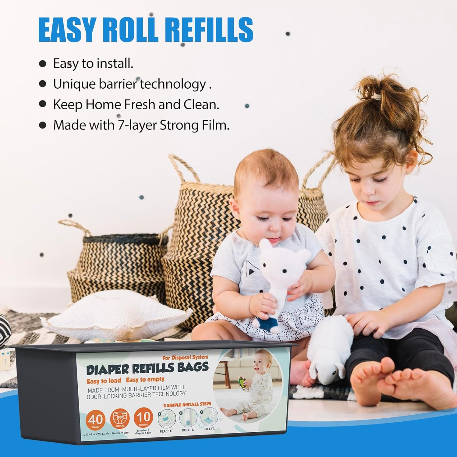 Upgrade Diaper Pail Refills Bags with 40 Bags Compatible with Genie Easy Roll Signature and Platinum Diaper Pails, 7-Layer Odor-Barrier Technology, 3 Pack (120 Bag) image number 1