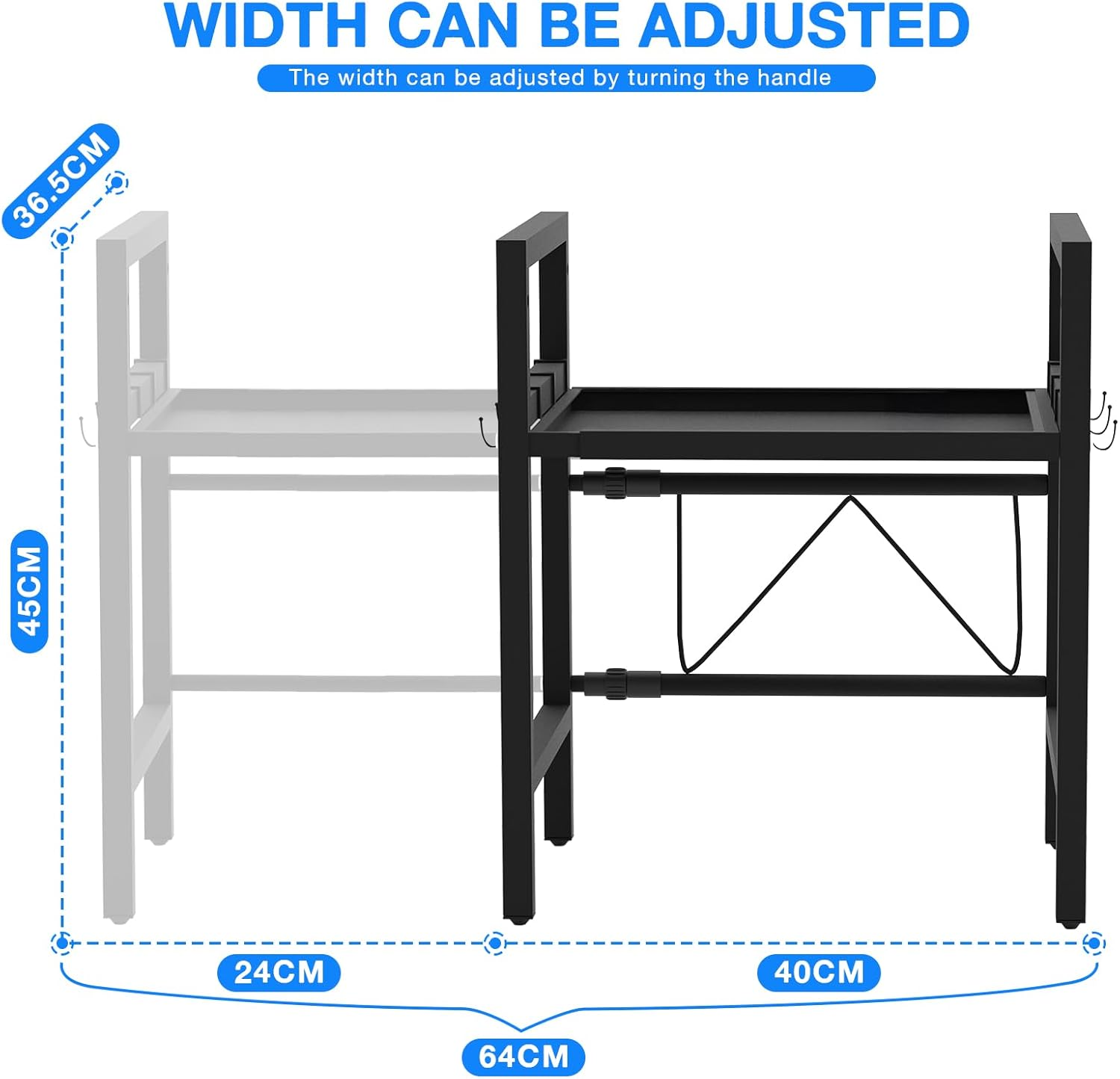 DULCE DOM Expandable Microwave Shelf, 2-Tier Adjustable Microwave Oven Rack, Space Saving Kitchen Counter Shelf for Kitchen Organizers and Storage, 45 KG Load Bearing, with 6 Hooks (2 Tier)