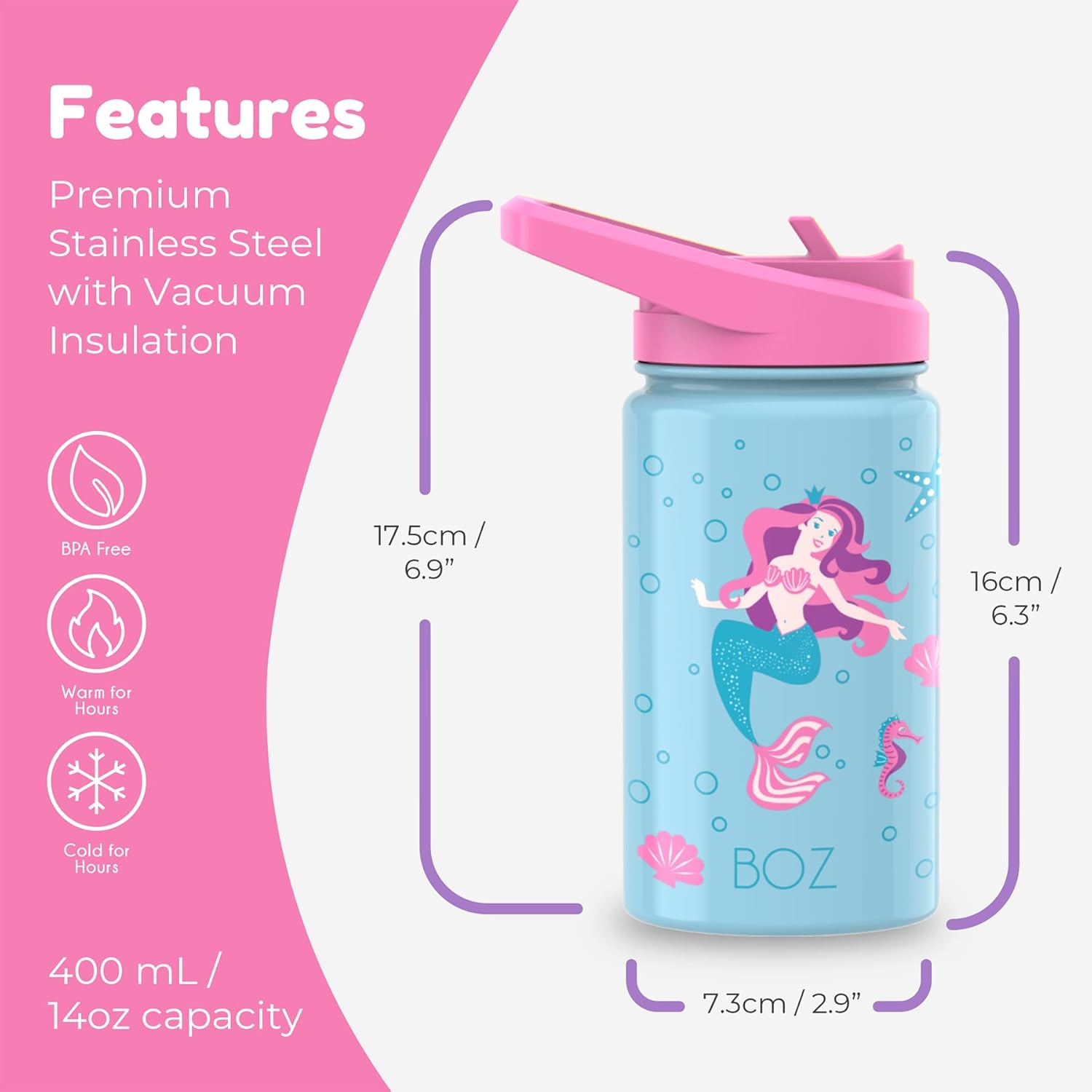 BOZ Kids Insulated Water Bottle with Straw Lid, Stainless Steel Vacuum Double Wall Water Cup, 14 Oz (414Ml). Scratch-Resistant Cute Print and Carry Handle, Bpa-Free and Dishwasher-Safe (Mermaid)