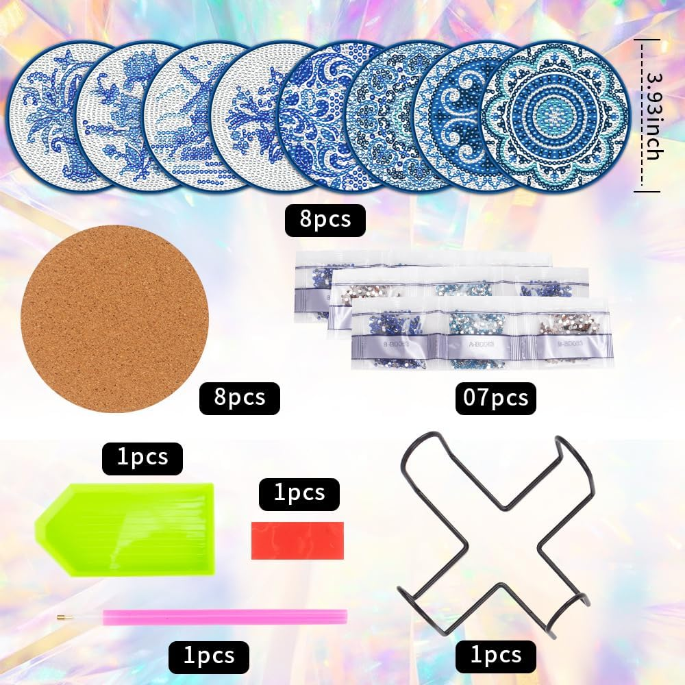 8 Pcs Diamond Art Painting Coasters with Holder, DIY Blue Watercolor Flowers Diamond Art Painting Kits for Beginners, Gift