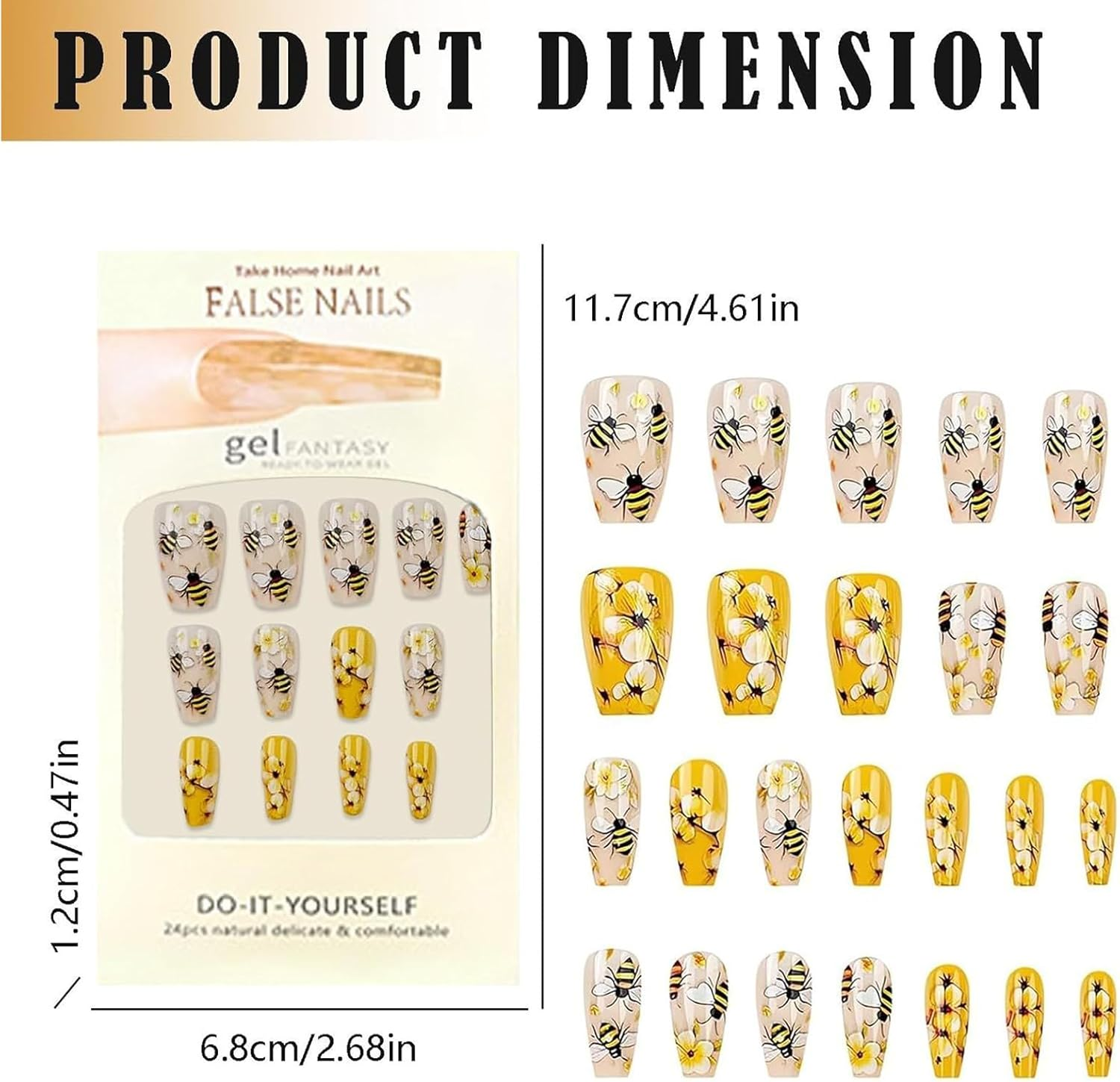 Nail Stickers | Medium Length Artificial Nails - Accessories for Art Manicure, 24 Artificial Nails Bees and Flowers for Women and Girls image number 5