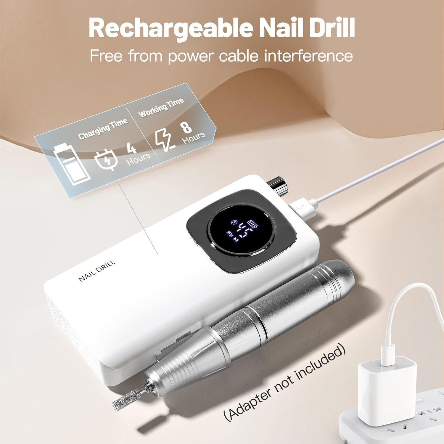 Rechargeable Electric Nail File Professional: Madenia 45000RPM Portable Efile Nail Drill Kit, Cordless E File Nail Drill Machine for Acrylic Gel Nails Salon Home Manicure Use, White - White image number 3