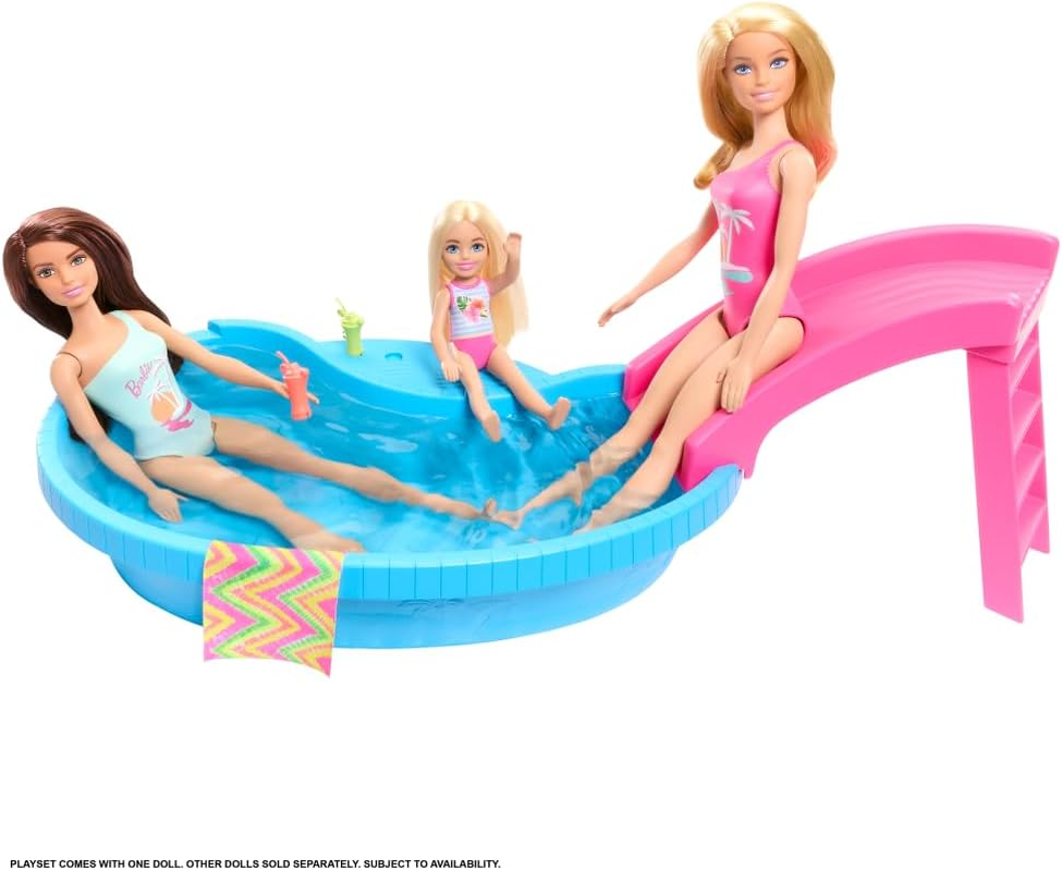 Barbie Doll and Pool Playset, Blonde in Tropical Pink One-Piece Swimsuit with Pool, Slide, Towel and Drink Accessories image number 4