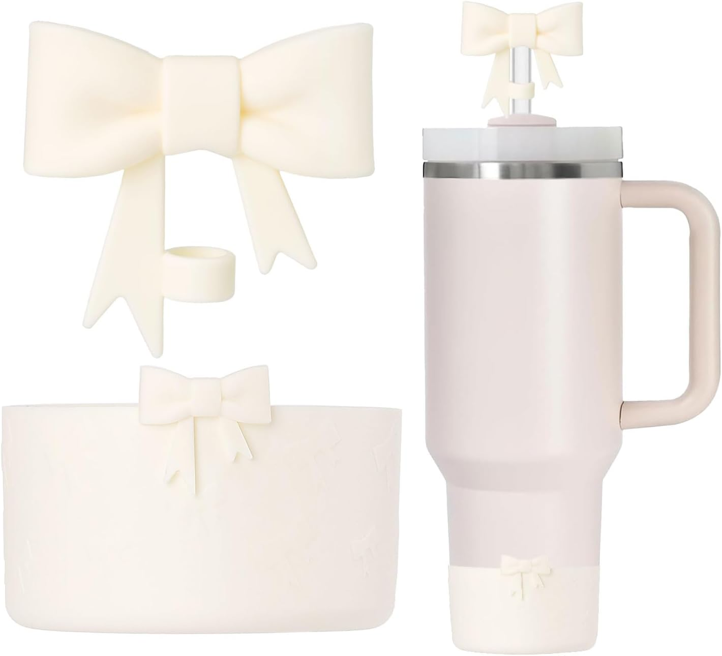 Lnulyaciy Bow Silicone Protective Boot for Stanley Cup 20/30/40Oz, Bow Straw Cover Topper with 10Mm/0.4In, Compatible 12-24Oz Hydroflask Tumbler and More Bottles 2.83-3In Bottom (Black Set)