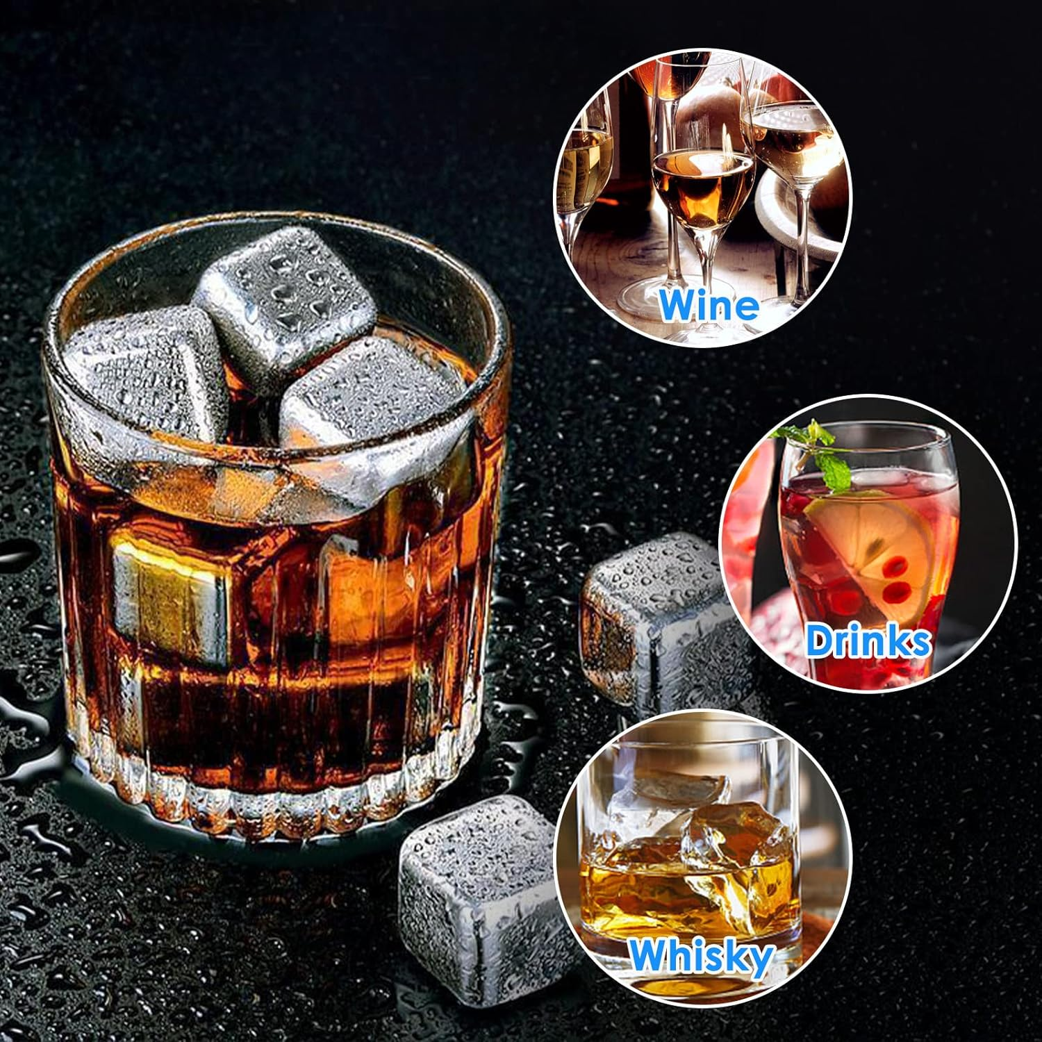 Valuehall Whiskey Stones 8PCS Stainless Steel Ice Cubes Reusable Metal Ice Cube Whiskey Rocks Chilling Stones with Free Tongs and Ice Freezer Storage Tray for Whiskey Wine Beer V4C07 image number 2