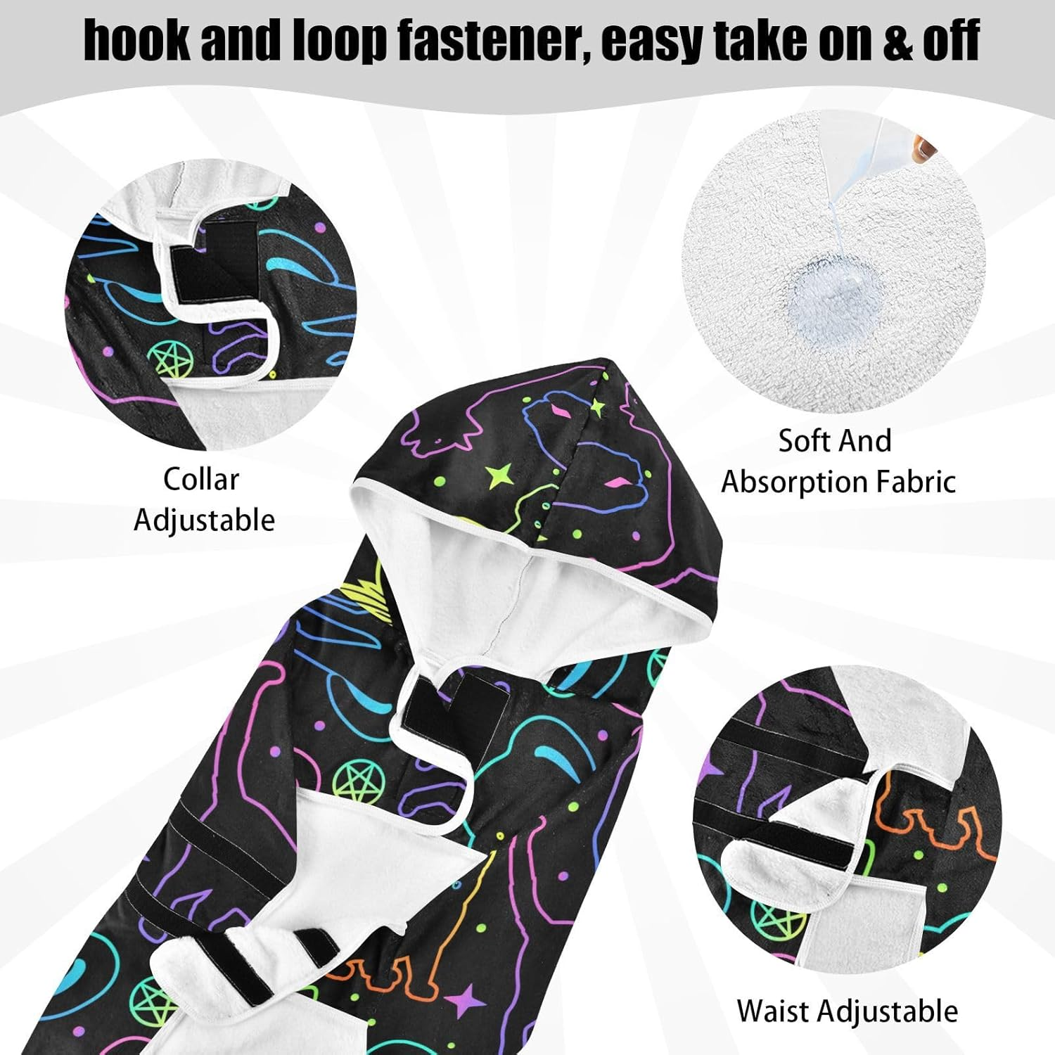 AIXIWAWA Neon Line Cats Pet Bathrobe Towels with Adjustable Collar & Waist, Quick Absorbent Drying Coat for Cats and Dogs image number 3