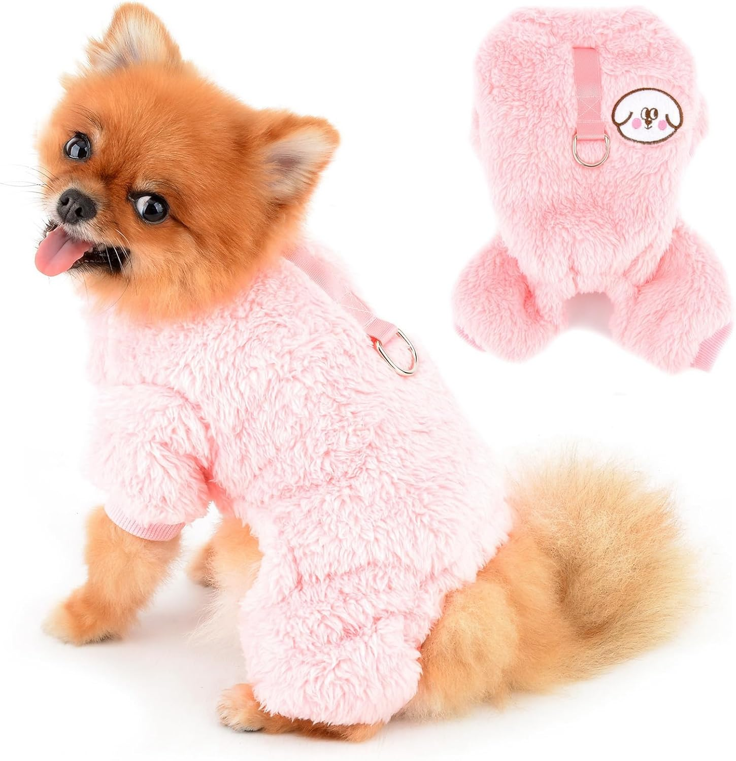 PAIDEFUL Fleece Pajamas for Small Dogs, Soft Onesie with 4 Legs, Solid Puppy Jumper, Sweater, Pet Outfits, Warm Dog Coat, Autumn/Winter Coat, Cat Costume, D-Ring, Pink