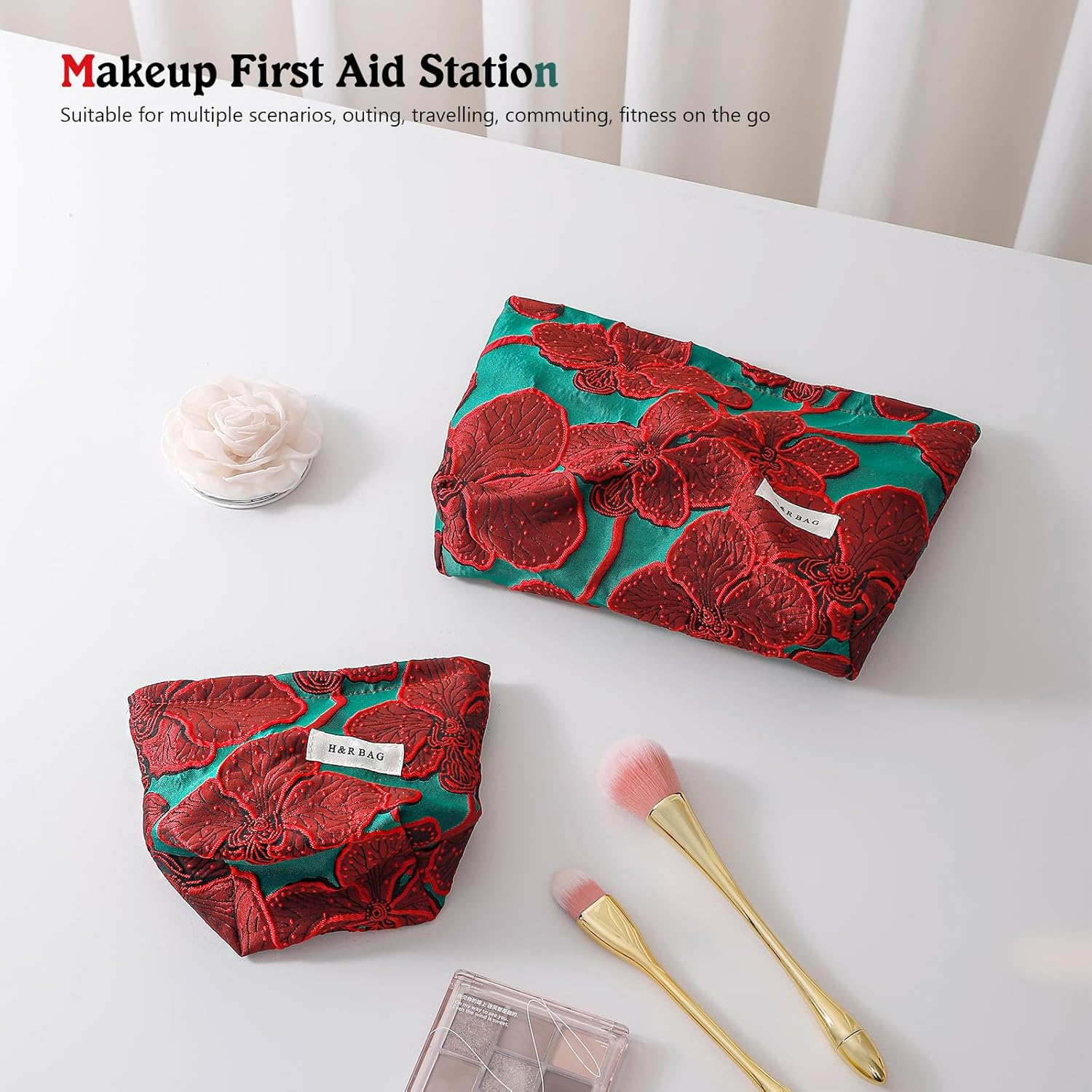 [2-Pack] Vintage Chinese Red Jacquard Makeup Bags Set - Large & Small Travel Cosmetic Organizer Pouches for Women (17Cm & 26Cm) image number 3