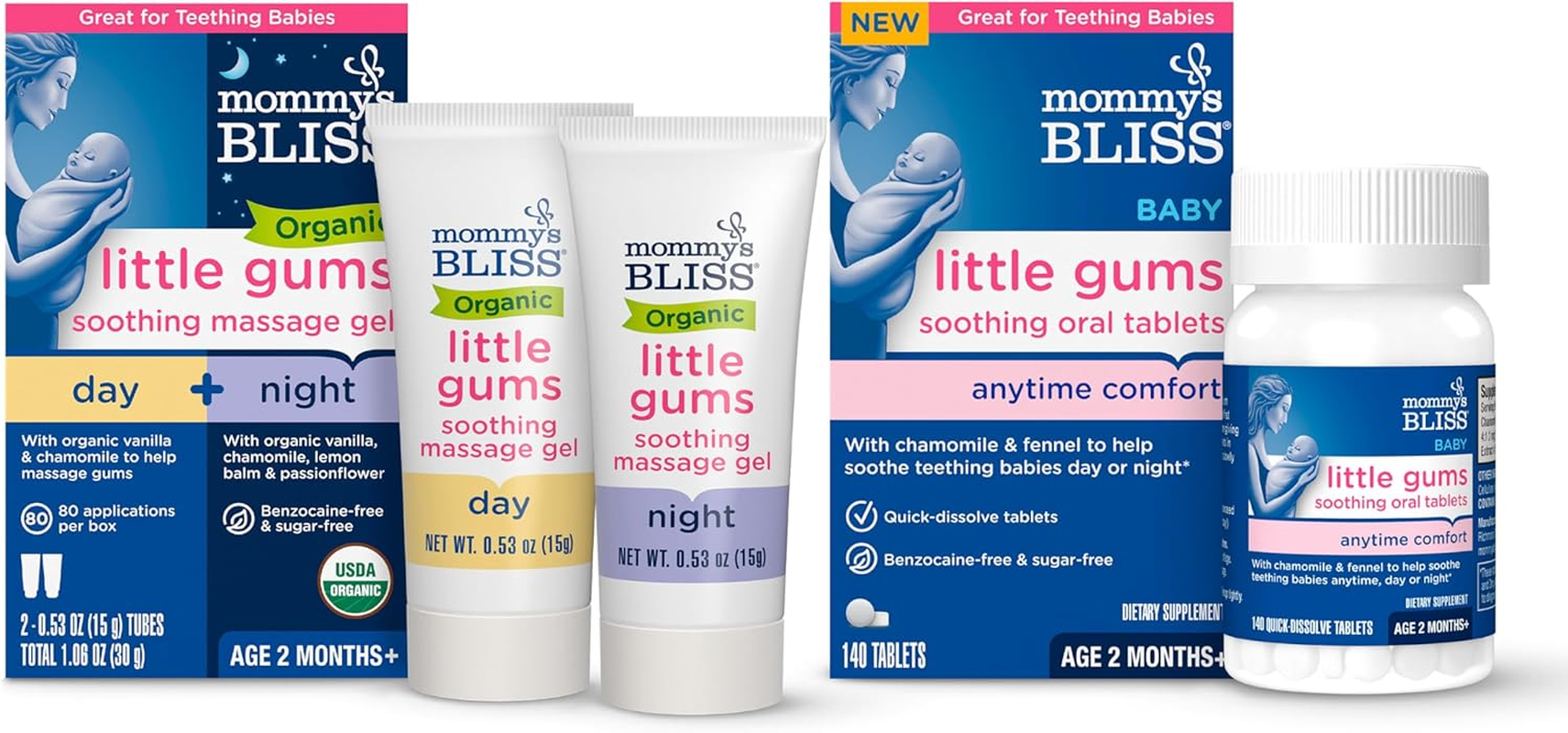 Mommy'S Bliss Organic Little Gums Soothing Massage Gel & Oral Tablets Day and Night Combo, Age 2 Months+, Sugar Free, Mild & Sweet Flavor| 2-0.53 Oz Tubes + 1 Bottle (140 Tablets)