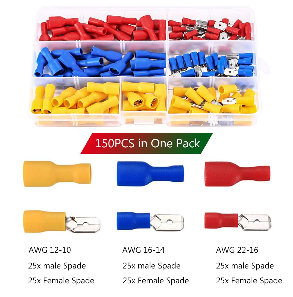 RINGSUN 150Pcs Electrical Connectors, Insulated Spade Crimp Connectors, Assorted Lug Kit, Solderless Butt Electrical Wire Connectors, Terminals AWG 22-16 16-14 12-10 image number 2