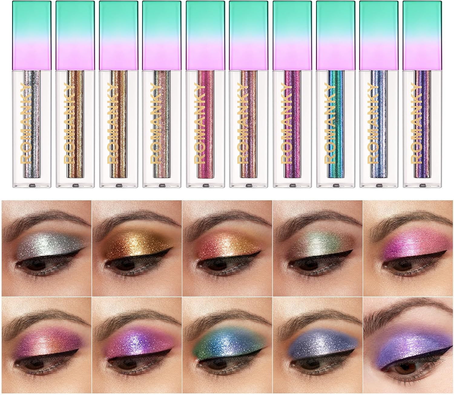 10 Pcs Liquid Glitter Eyeshadow, Metallic Shimmer Glitter Eyeshadow Sweatproof Makeup Set, Brightening Liquid Highlight, Diamond Glitter Liquid Eyeliner Pencil Face Body Glow Cosmetics for Girl image number 6