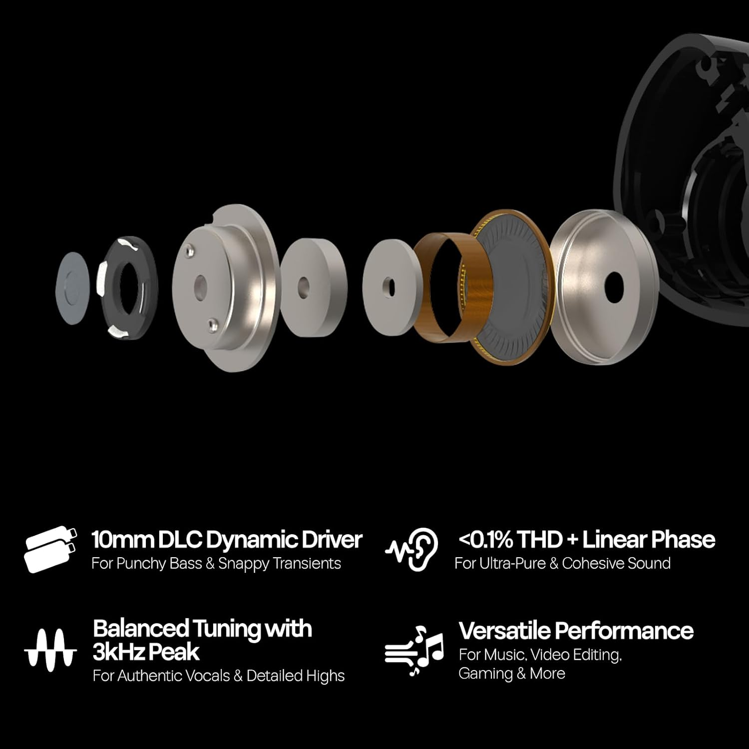 Linsoul Kiwi Ears Belle 10Mm DLC Dynamic Driver In-Ear Monitor, Hifi Wired Earbuds with Dual Silver-Plated Cables, Professional IEM for Stage Performance/Gaming/Music Production (Black, without MIC) image number 5