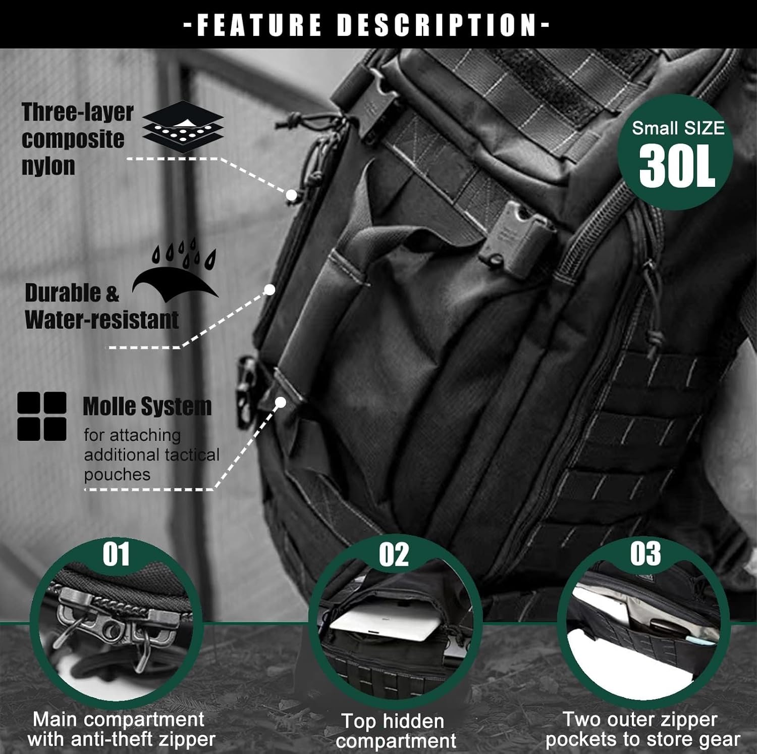 Gym Bag Duffle Bags Backpack - Travel Weekender Bag for Men Women Workout Bag for Military,Sports,Overnight,Basketball,Tactical,Football,Waterproof & Tear Resistant, Black, 25L, Gym Bag image number 3