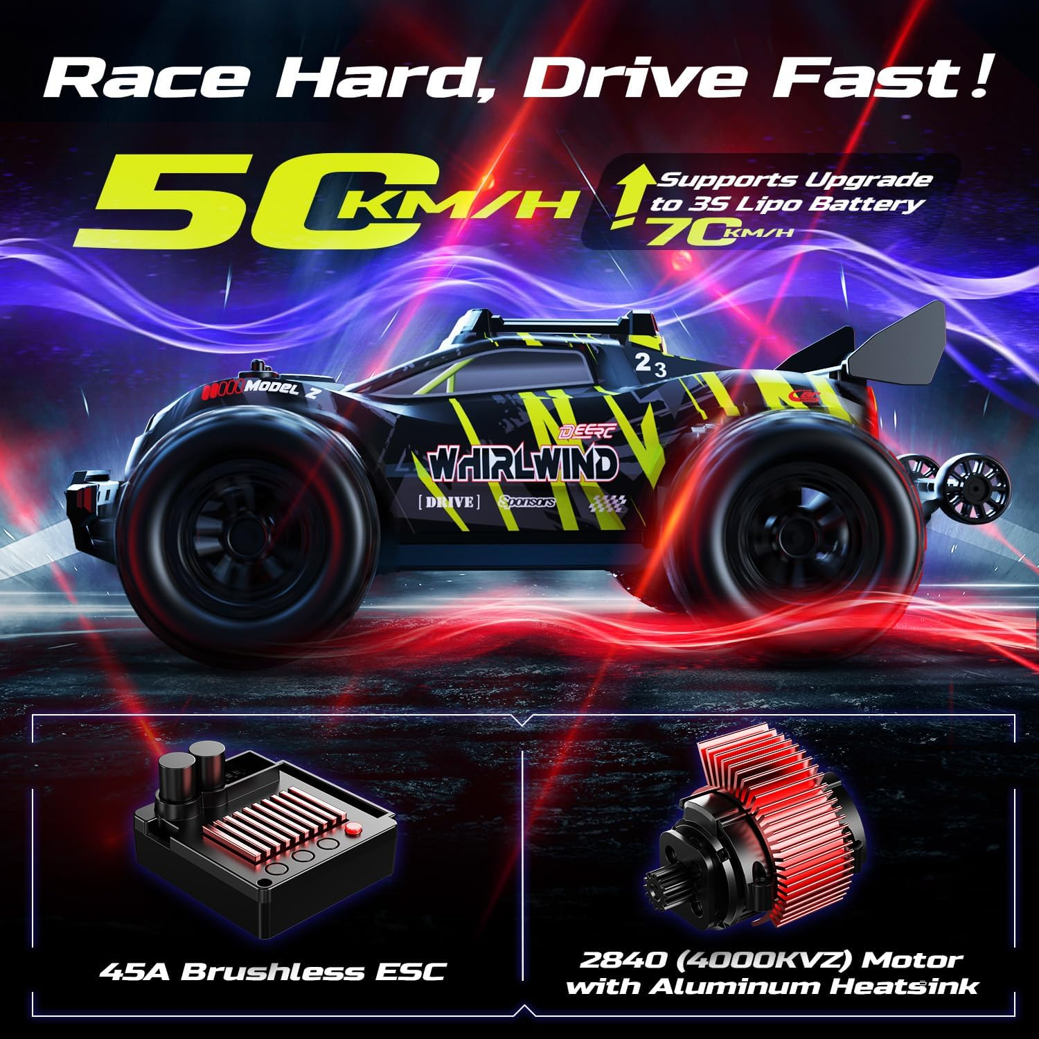 DEERC 1:14 Brushless RC Car for Adults, 43MPH 4WD Off-Road RC Truck with 7-Color LED Lights, Metal Oil Shocks, 2&times;7.4V High-Capacity Batteries, All-Metal Drivetrain, 3 Light Modes, 3S Lipo Compatible image number 3