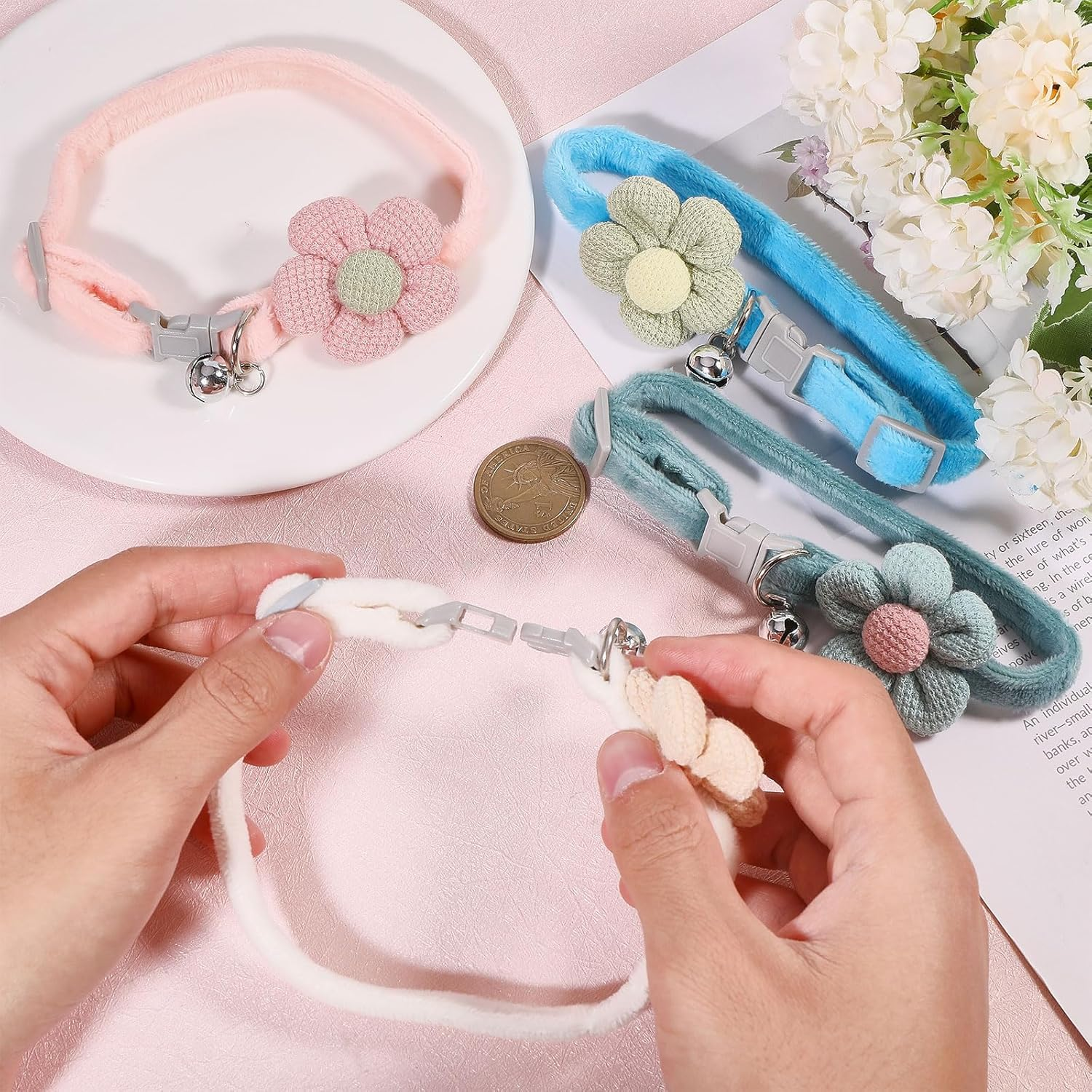 GLOBLELAND 4 Pieces 4 Styles Knitted Cat Collars with Bells Cute Kitten Flower Collars Pet Necklace Accessories with Safety Clasp Adjustable Safety Collar image number 6