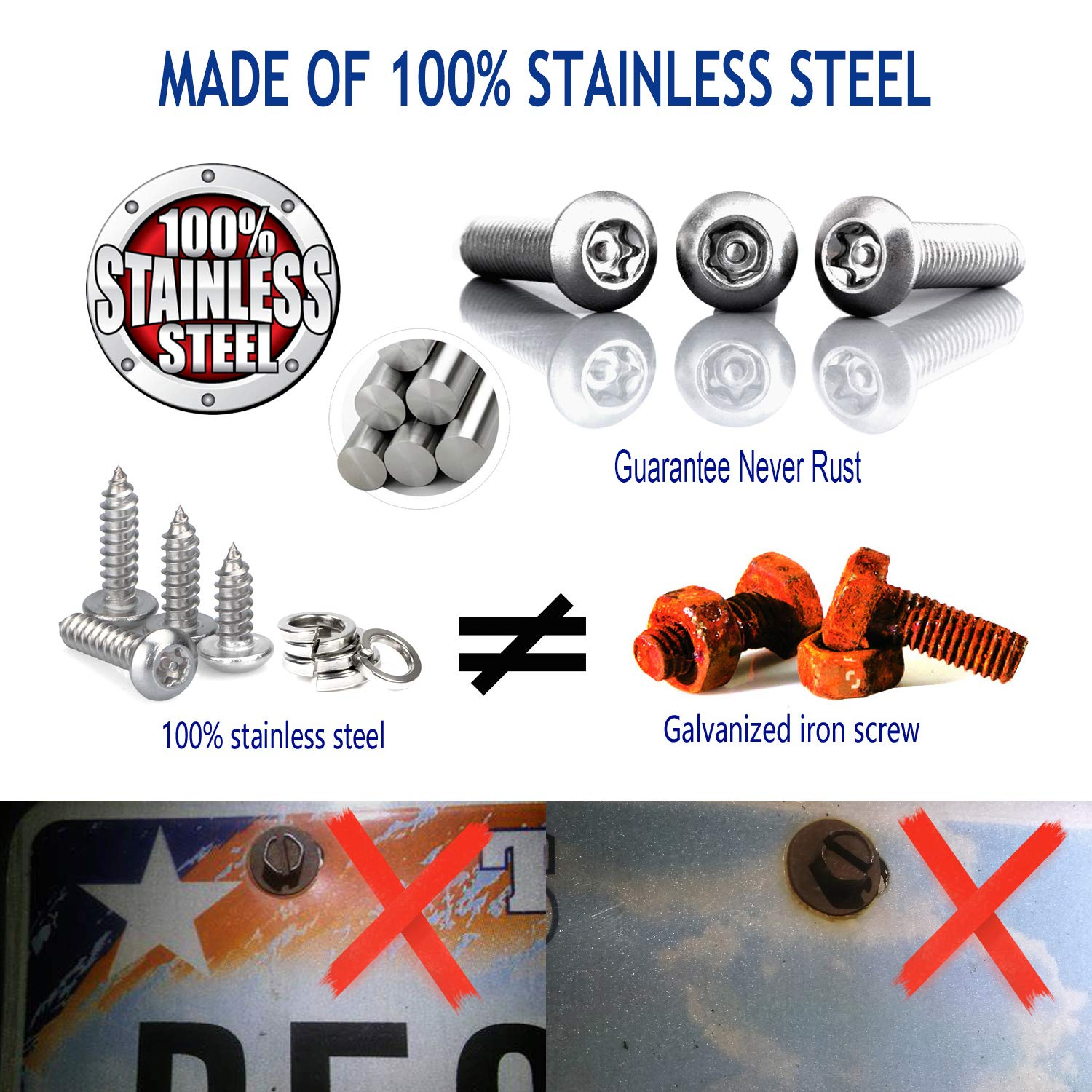 ZXFOOG anti Theft License Plate Screws- Stainless Steel Bolts Fasteners Kits for Car Tag Frame Holder, Tamper Resistant Mounting Hardware,1/4"(M6) Security Screw Set,Rust Proof,Chrome Screw Caps Cover