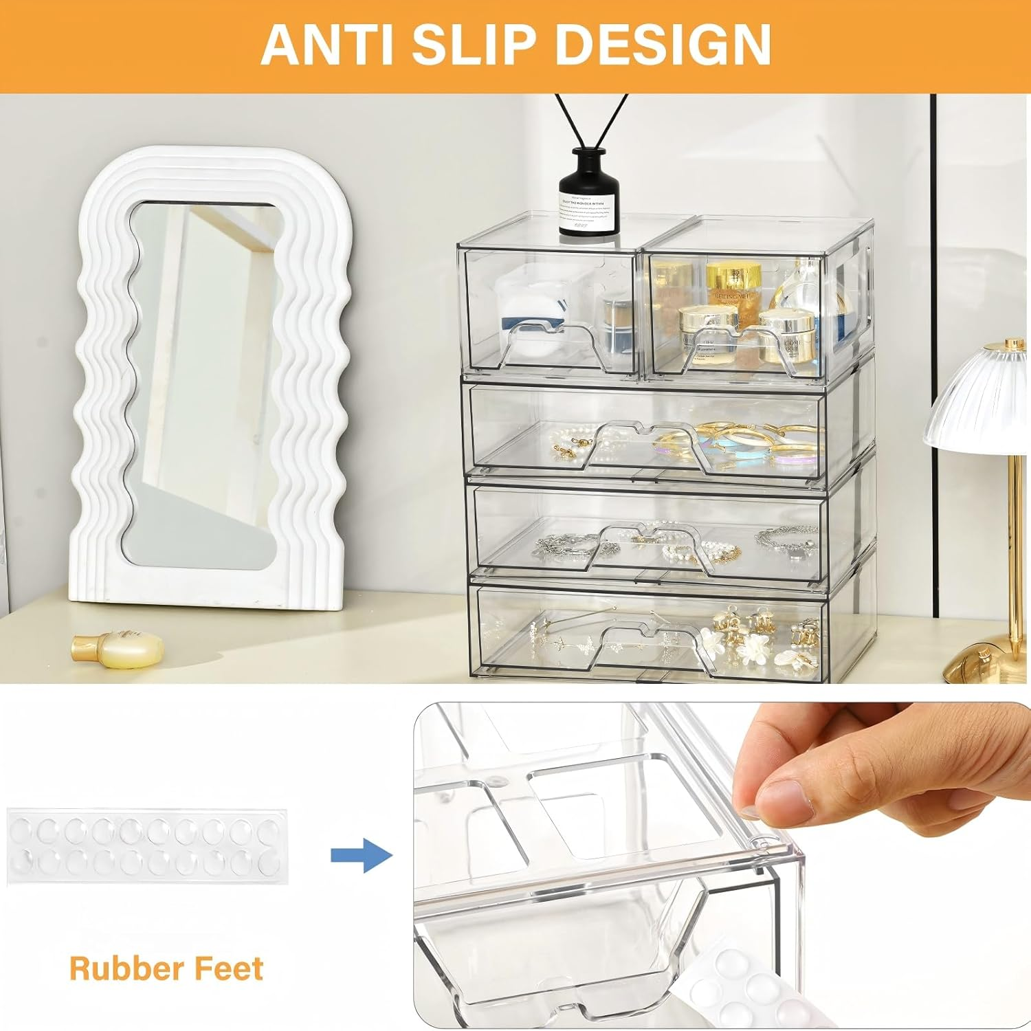 Makeup Organizer, 6 PCS Clear Stackable Storage Drawers, Desk Organizers, Dustproof Drawer and for Make Up, Jewelry, Clear Organizer for Home & Office Use, Bathroom Counter Dressing Table image number 5