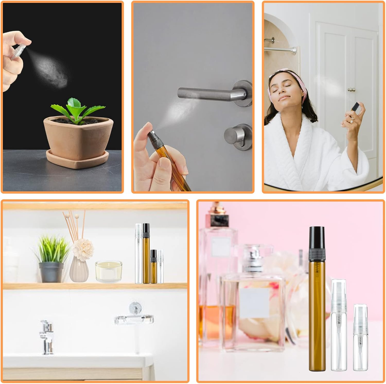 Pack of 15 Amber Perfume Atomisers Empty Spray Bottle Glass Small for Filling, Mini Pump Bags Perfume Bottle Refillable Perfume Samples for Travel 3 Ml/5 Ml/10 Ml with Pipettes Press Head