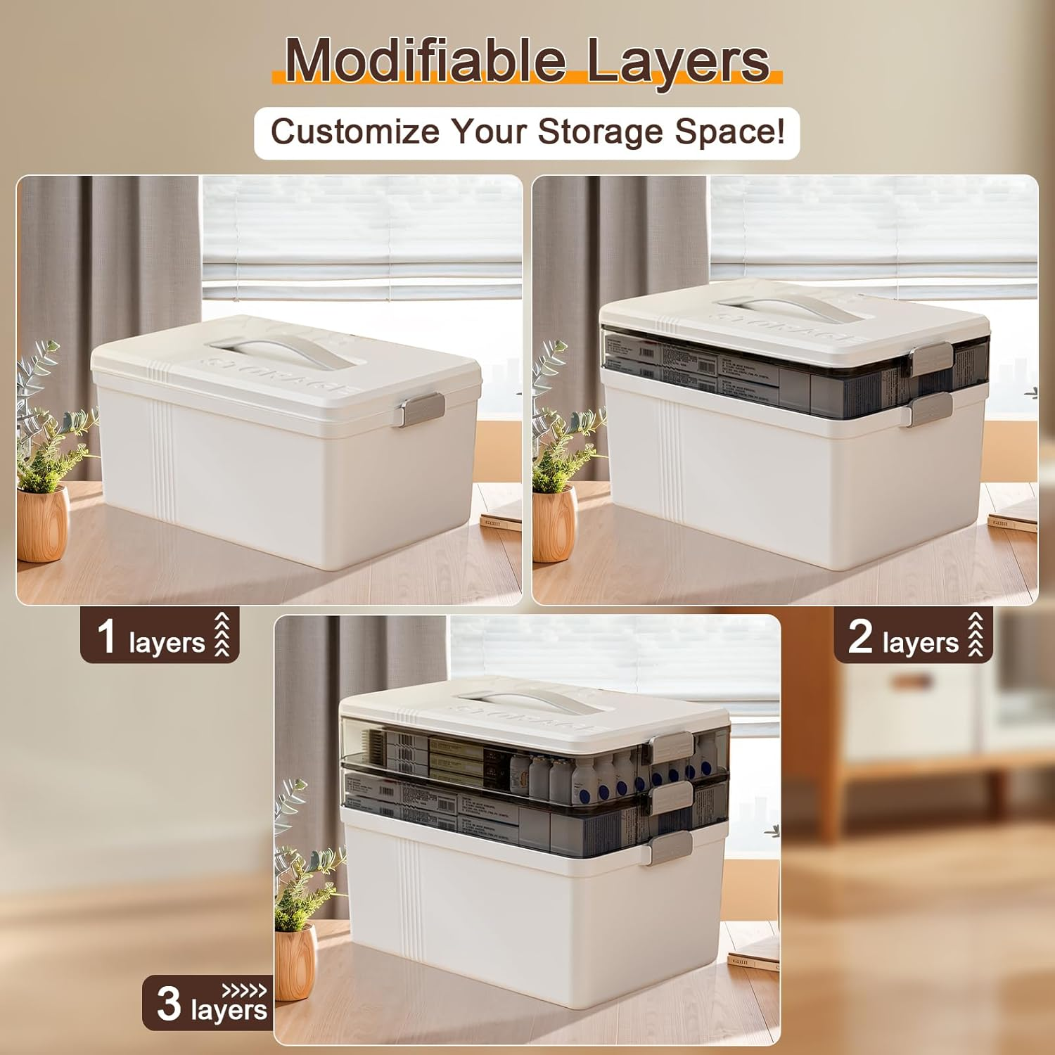 3-Layer Medicine Storage Box with Handle, Large Capacity First Aid Organizer, Moisture-Proof & Dustproof, Portable Multi-Purpose Plastic Storage Container for Medicine, Cosmetics, Household Essentials image number 5