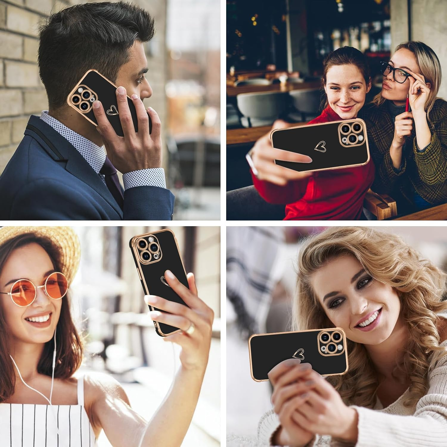 GUAGUA for Iphone 15 Pro Max Case, Luxury Bumper Case Iphone 15 Pro Max Case Cute Heart Pattern Cover for Women Camera Protection & 4 Corners Shockproof Protection Phone Cover Black image number 1