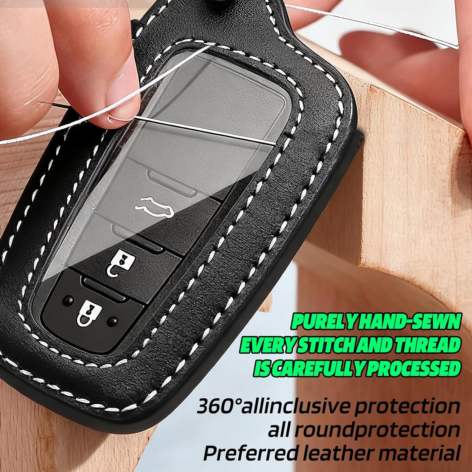 Pacify Key Fob Cover for Toyota Leather Car Key Fob Protector Key Holder Case with Keychain Lanyard 2/3 Buttons Compatible with Camry RAV4 Highlander Avalon C-HR Prius Corolla GT86 (Black) - Black image number 6