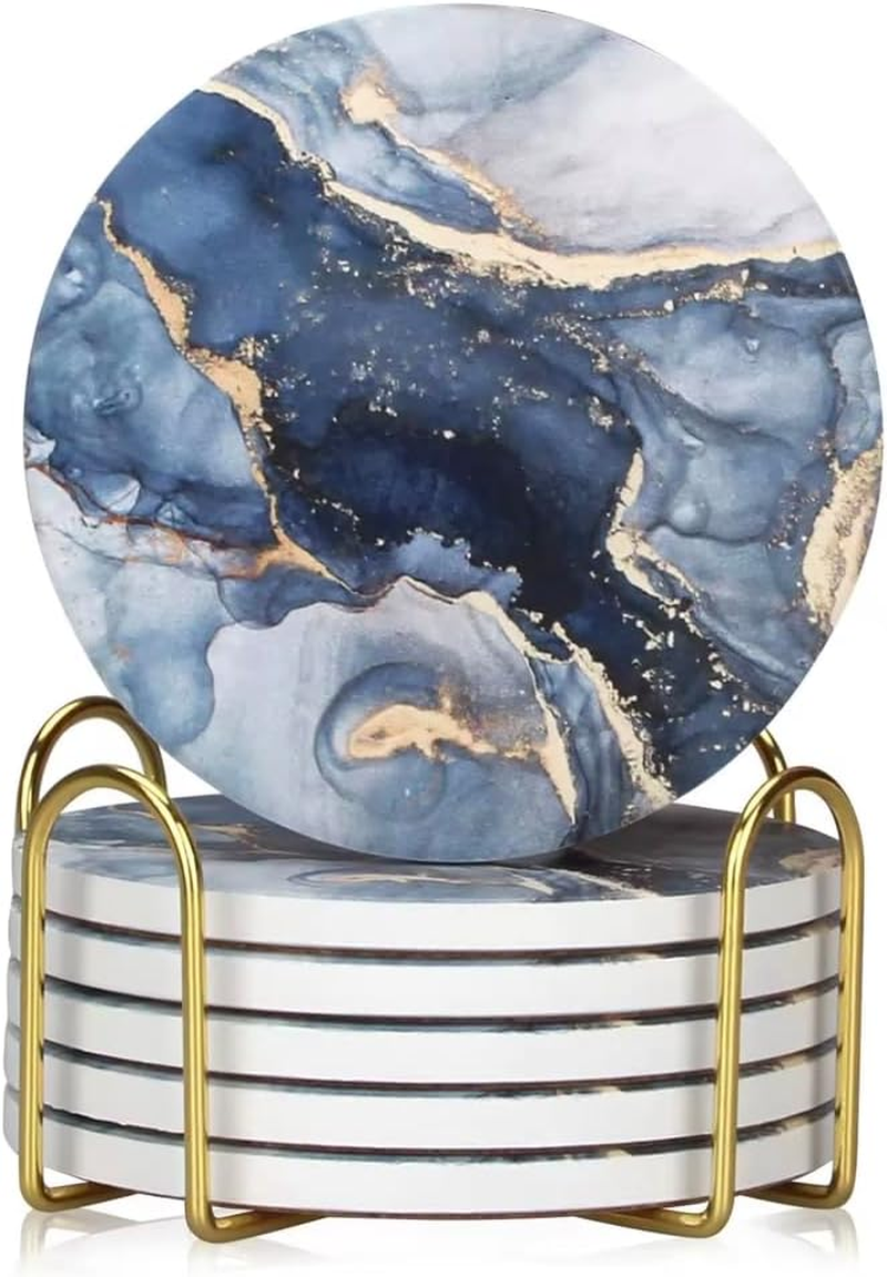 VERSACRAFT 6 Pcs Navy Blue Marble Abstract Ceramic Coasters with Holder