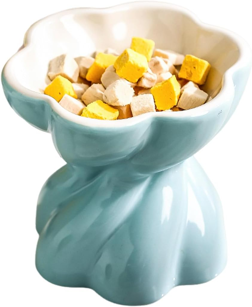 Ceramic Flower Cat Bowl Elevated Cat Bowl 5.3In Indoor anti Vomit Blue Cute Cat Bowls for Cats and Small Pets image number 2